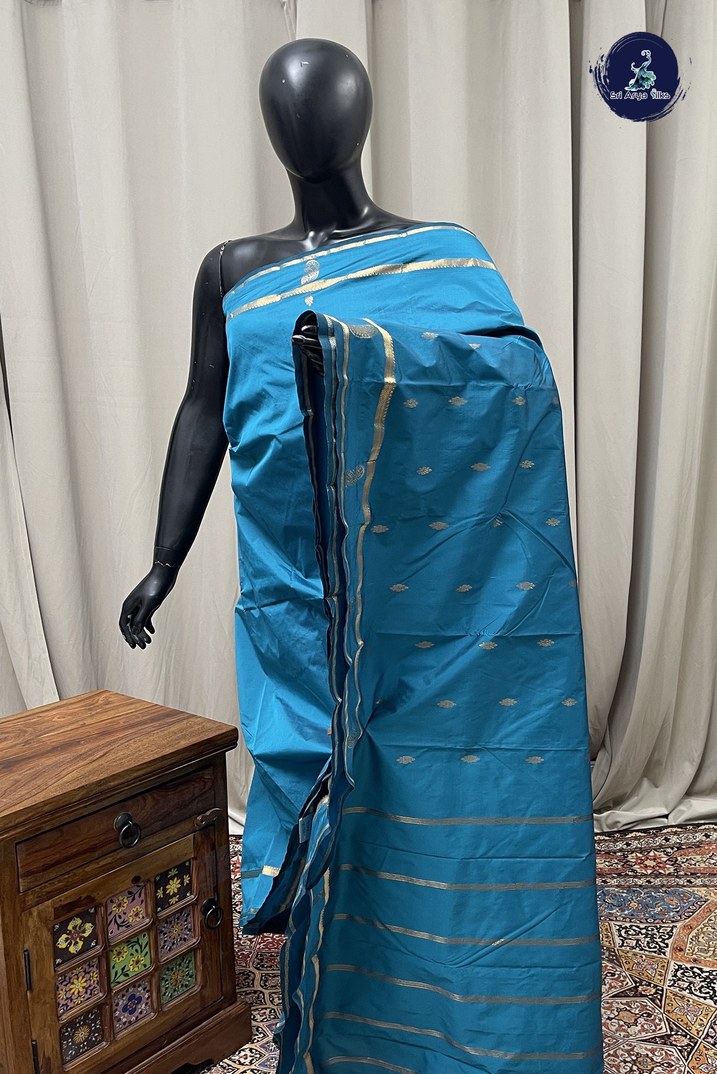 Copper Sulphate Blue Semi Silk Saree With Zari Buttas Pattern
