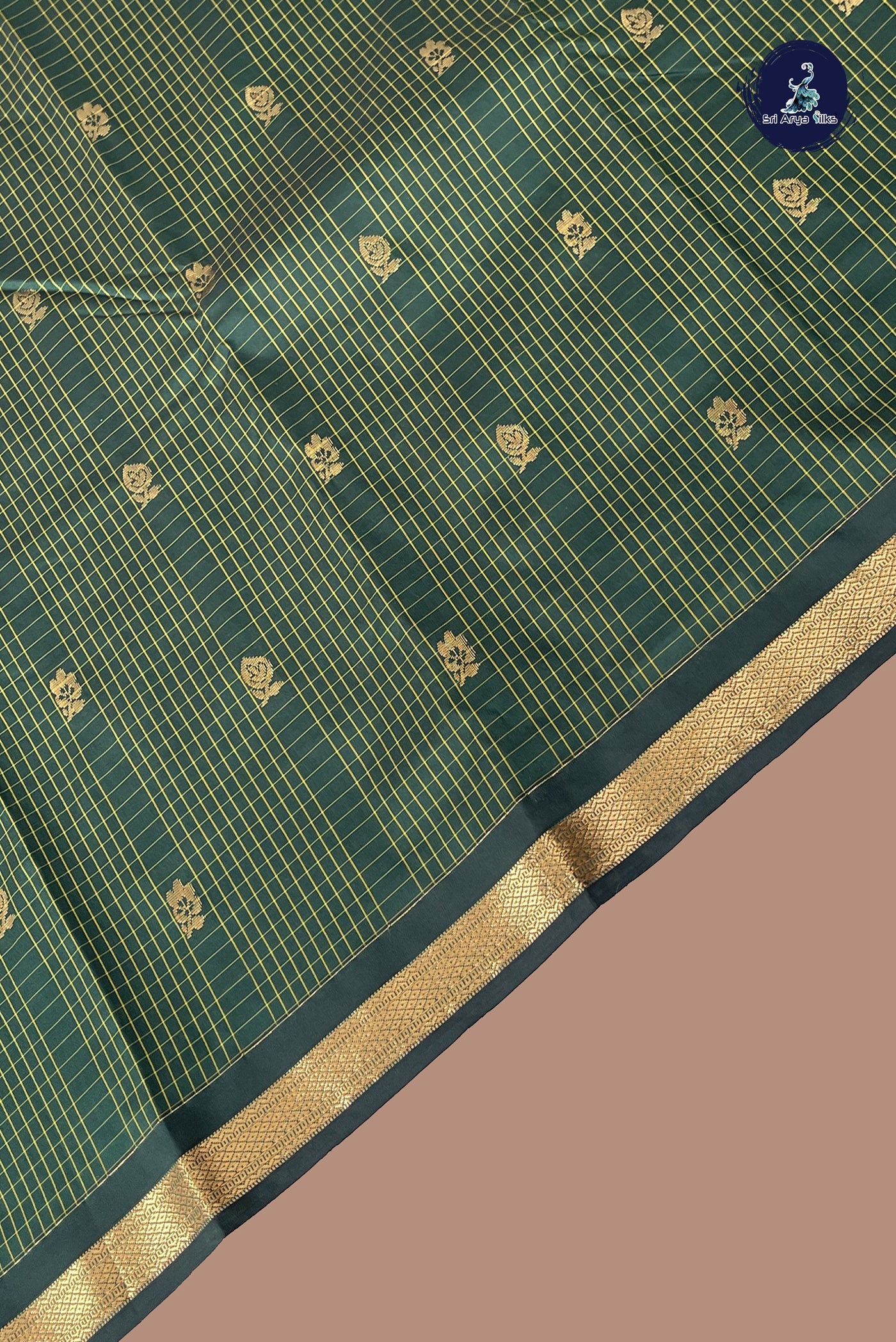 Bottle Green Semi Silk Saree With Checked Pattern