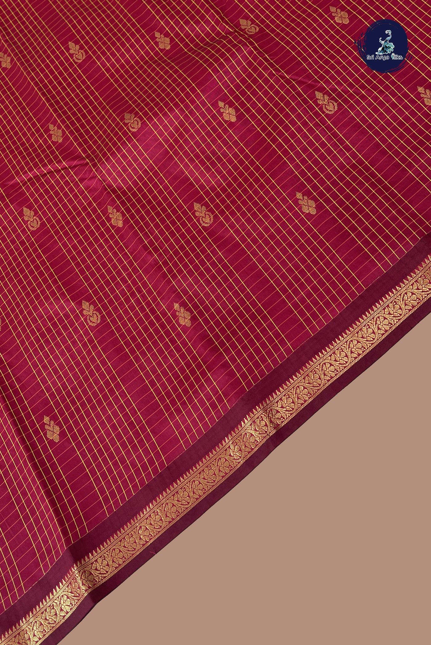 Maroon Semi Silk Saree With Checked Pattern