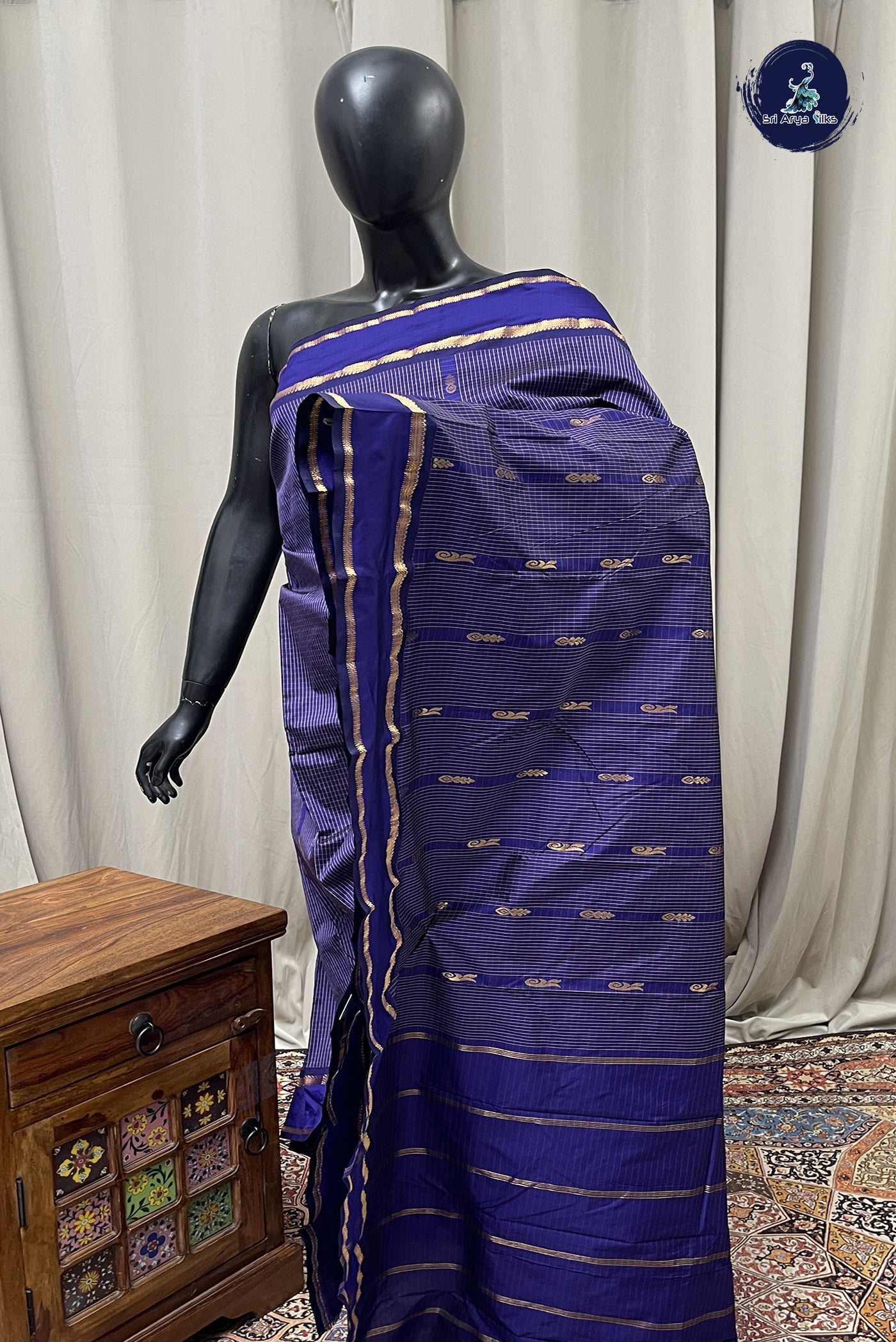 Violet Semi Silk Saree With Checked Pattern