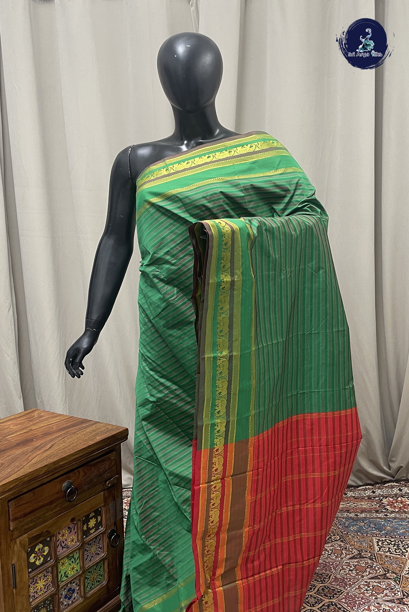 Green Semi Silk Saree With Stripes Pattern
