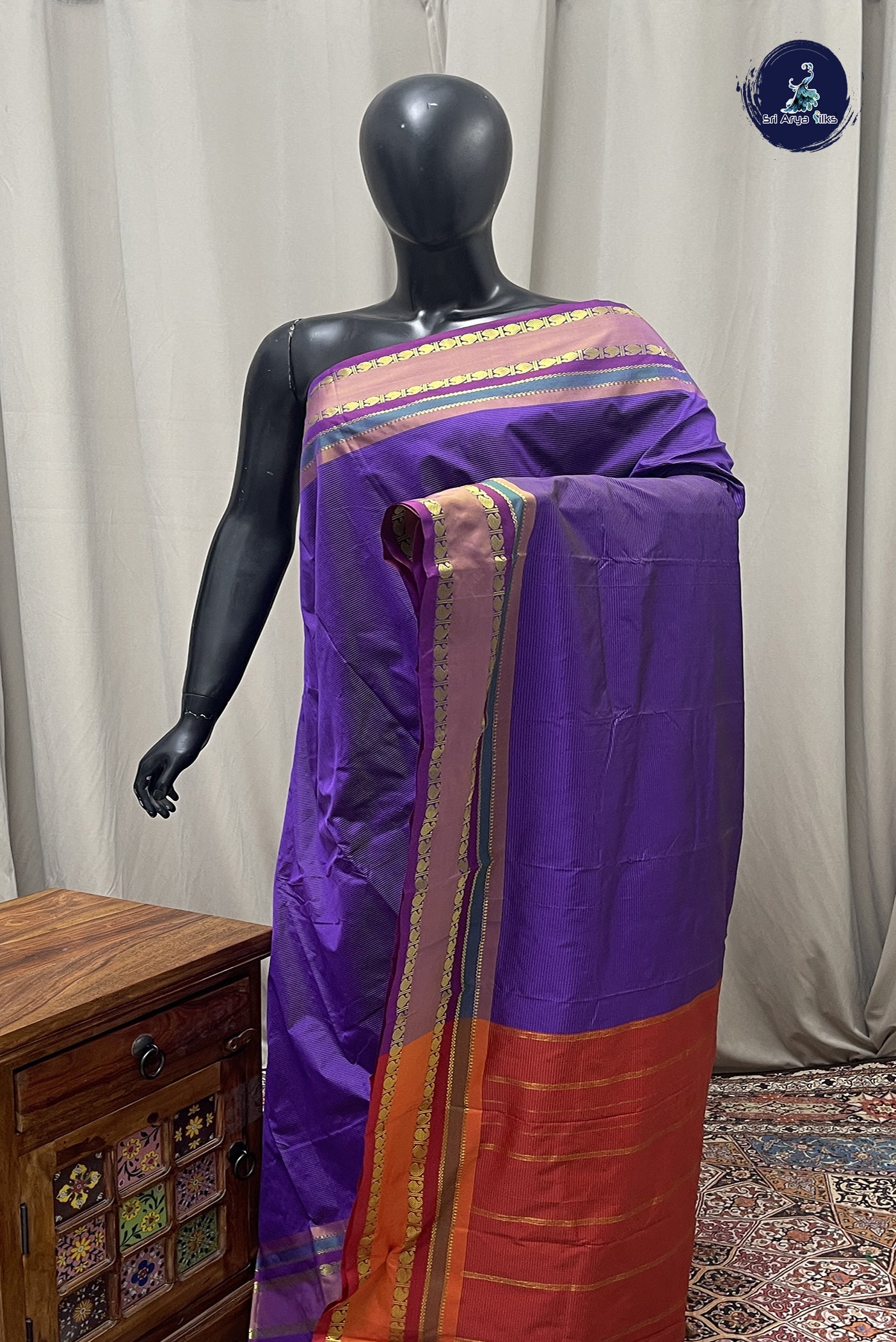 Violet Semi Silk Saree With Stripes Pattern