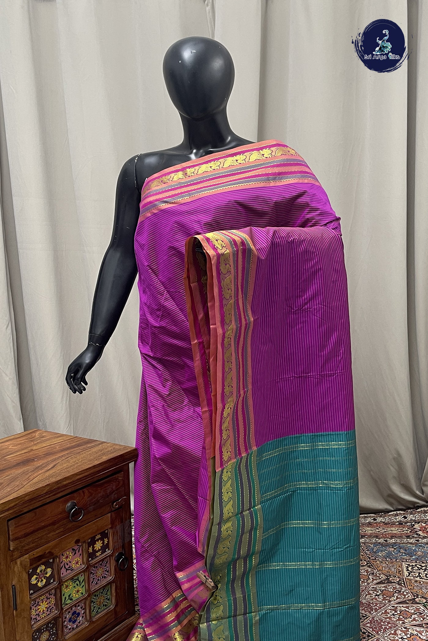Purple Semi Silk Saree With Stripes Pattern