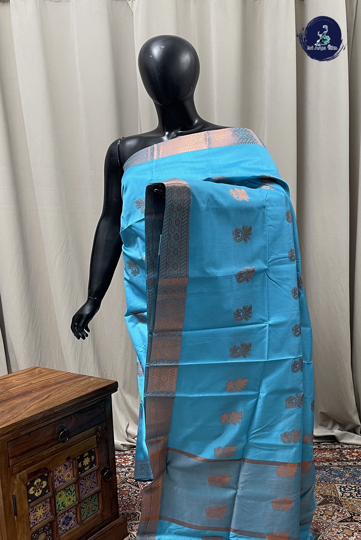 Light Blue Semi Silk Saree With Zari Buttas Pattern