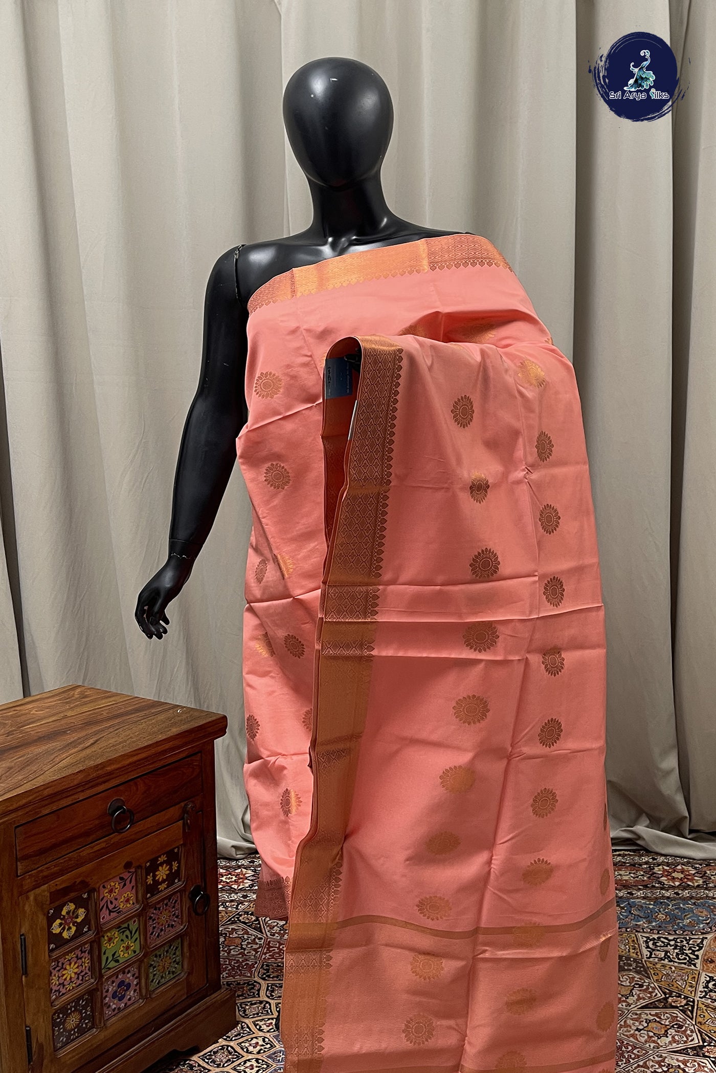 Peach Semi Silk Saree With Zari Buttas Pattern