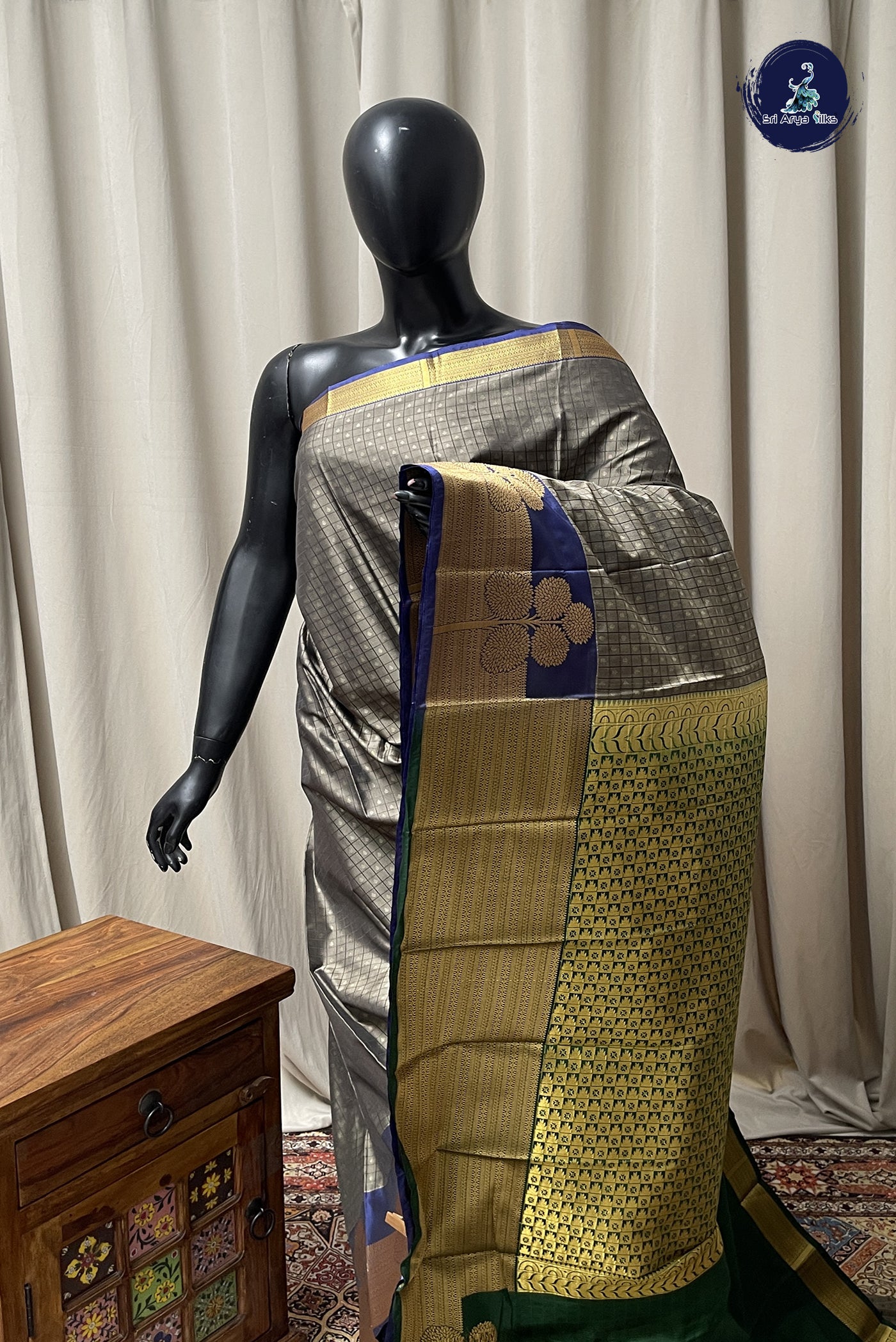 Grey Semi Silk Saree With Checked Pattern