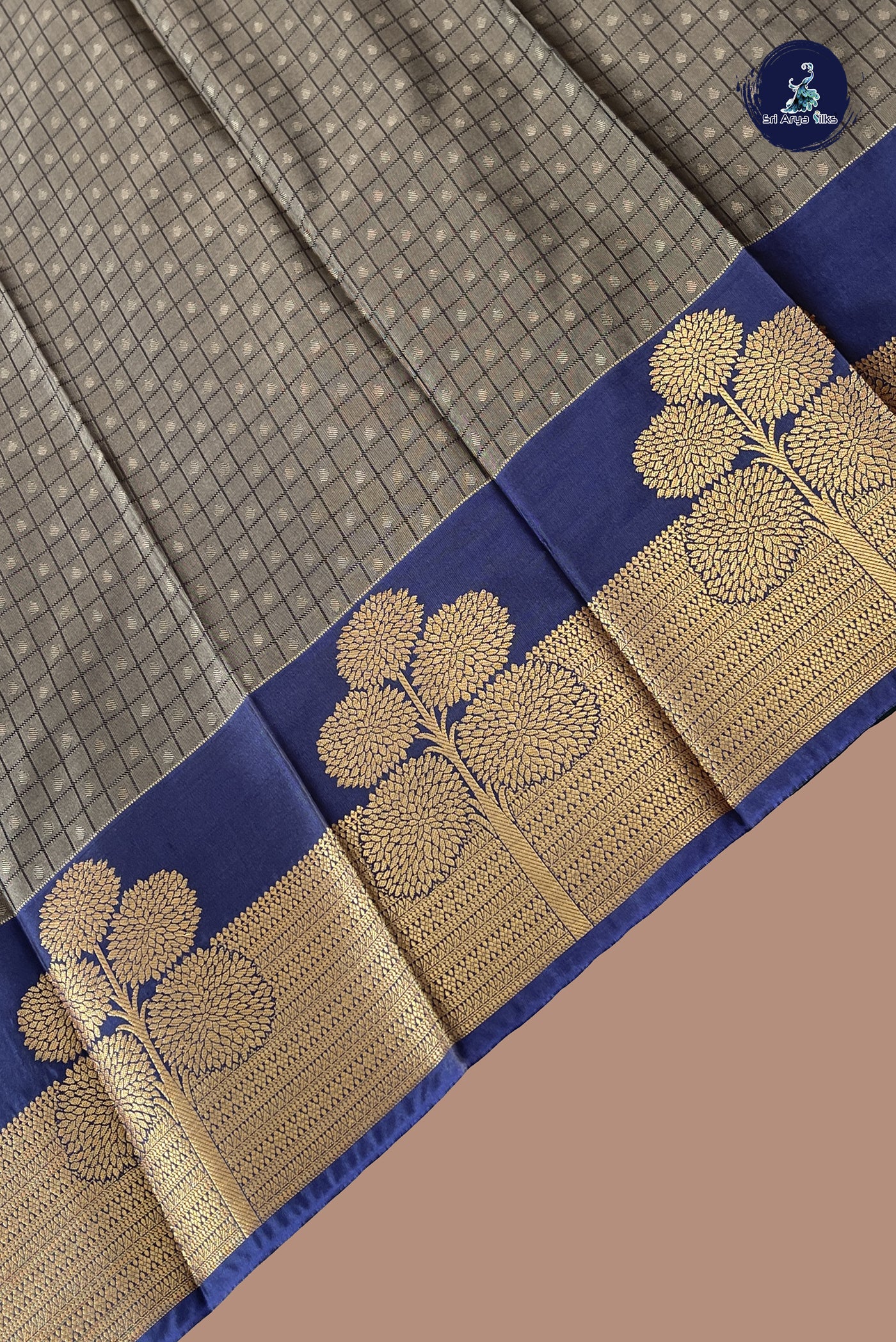 Grey Semi Silk Saree With Checked Pattern