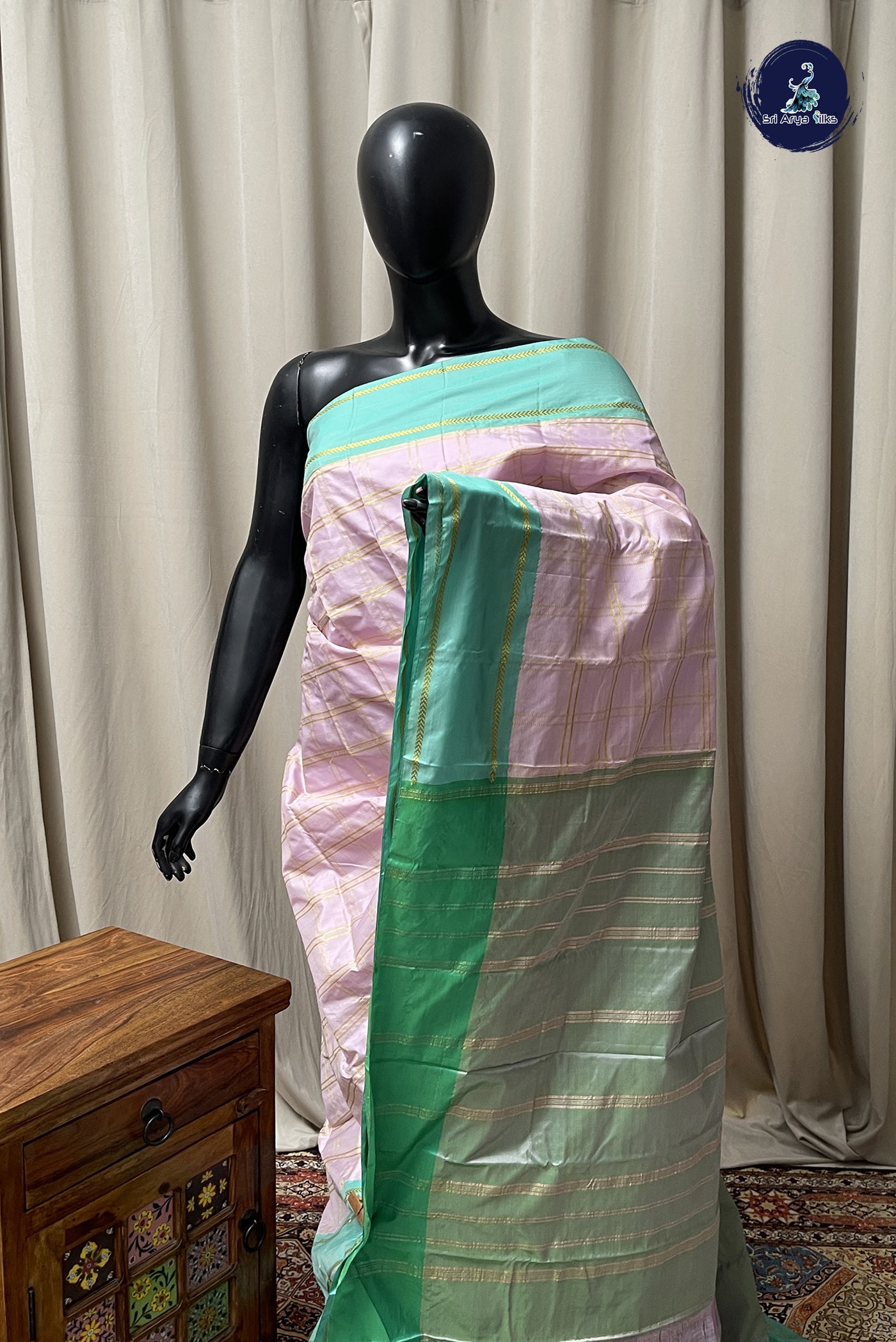 Onion Pink Semi Silk Saree With Zari Checked Pattern