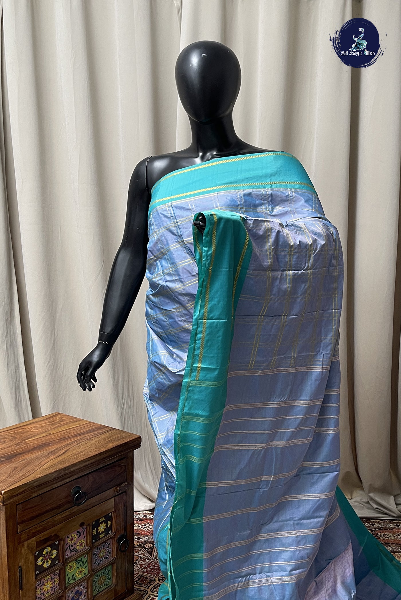 Dual Tone Blue Semi Silk Saree With Zari Checked Pattern