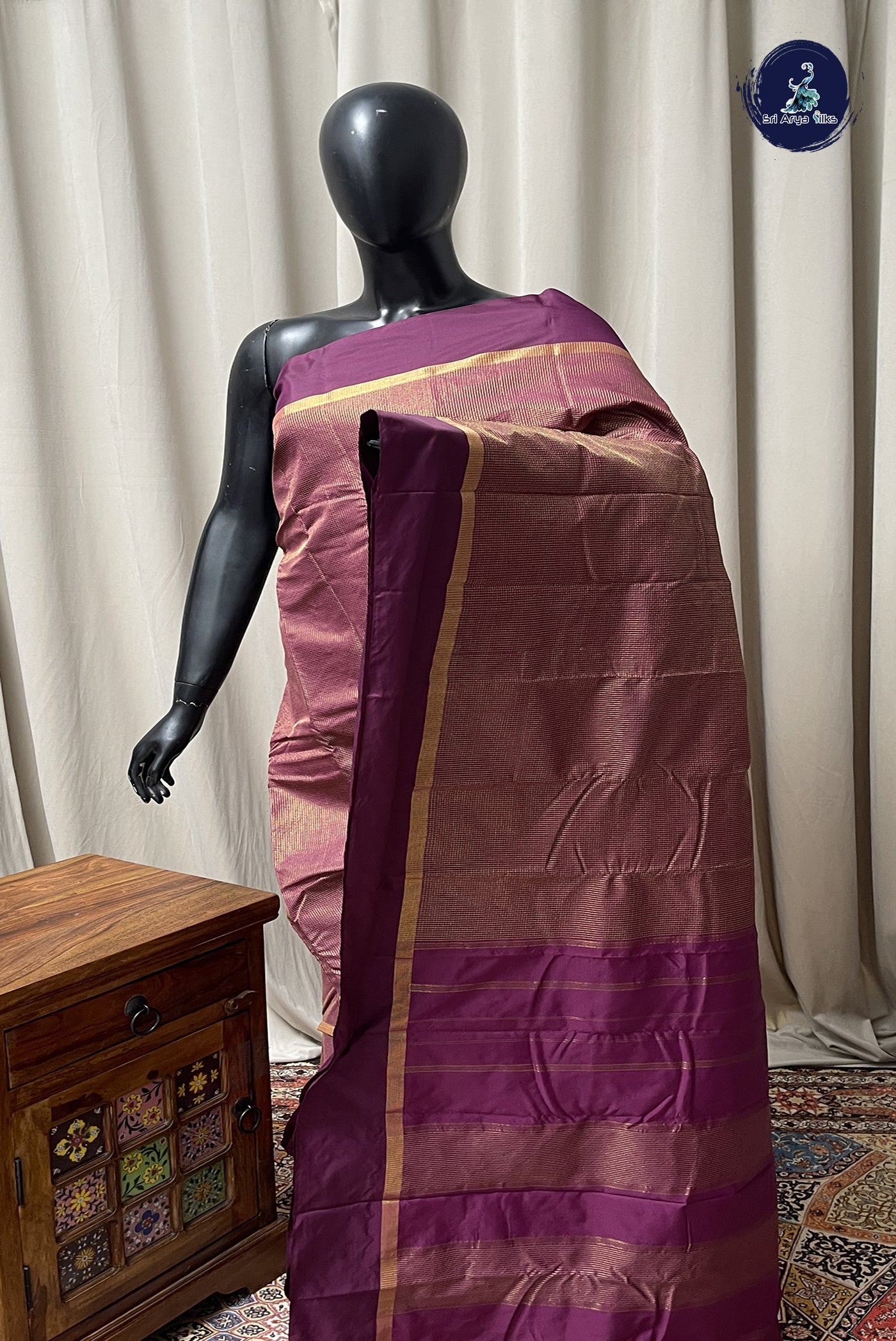 Coffee Brown Semi Silk Saree With Zari Checked Pattern