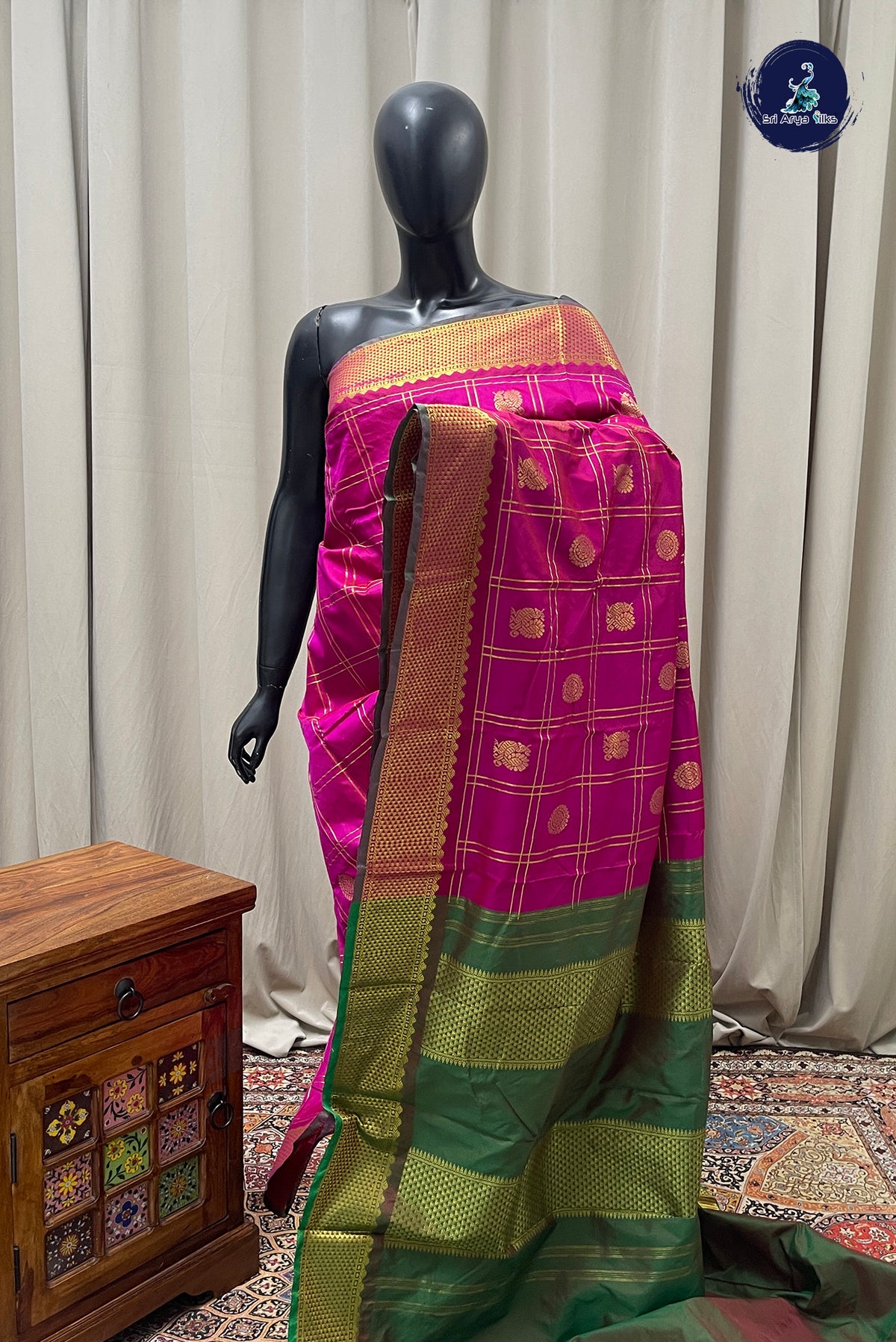 Magenta Semi Silk Saree With Zari Checked Pattern