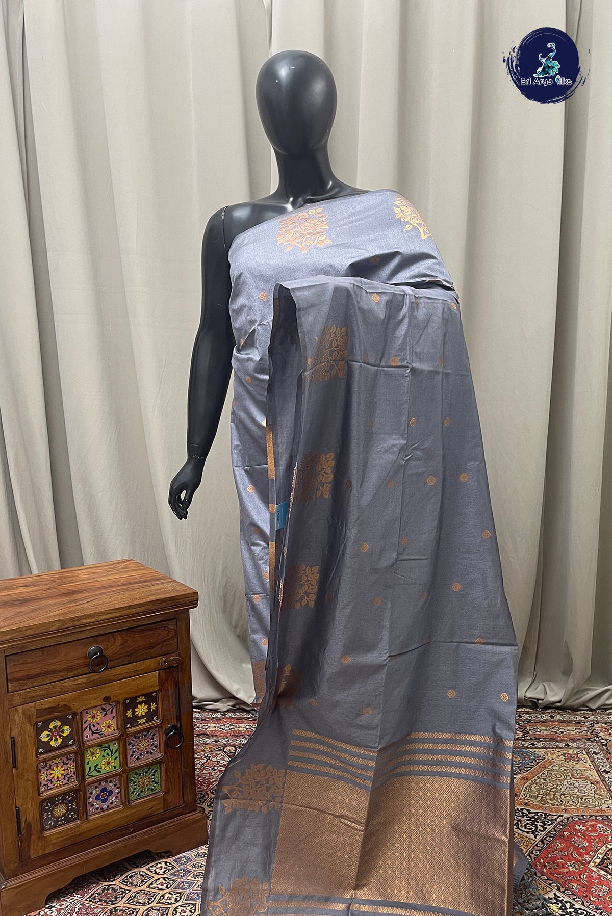 Grey Semi Silk Saree With Zari Buttas Pattern