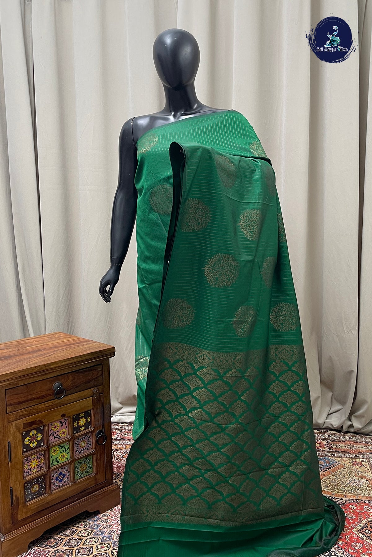 Bottle Green Semi Silk Saree With Stripes Pattern