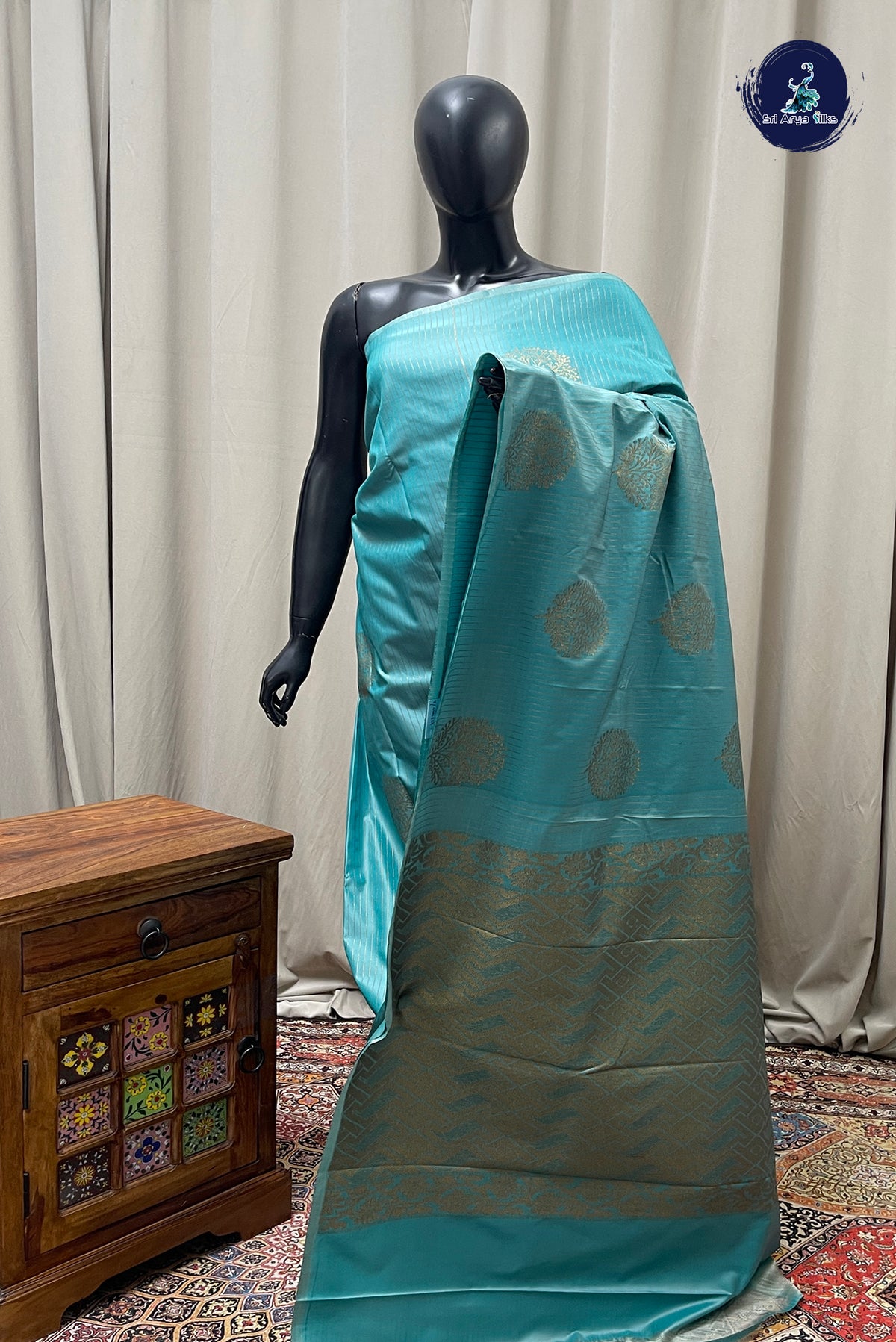 Teal Semi Silk Saree With Stripes Pattern