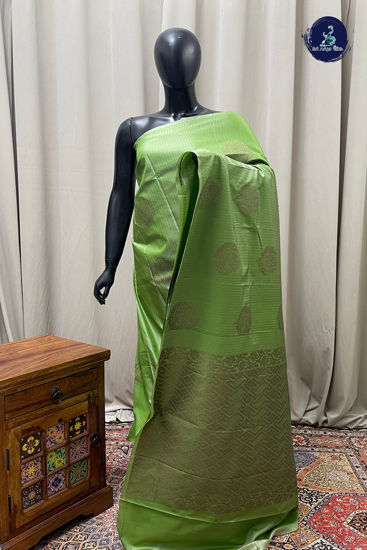 Pista Green Semi Silk Saree With Stripes Pattern