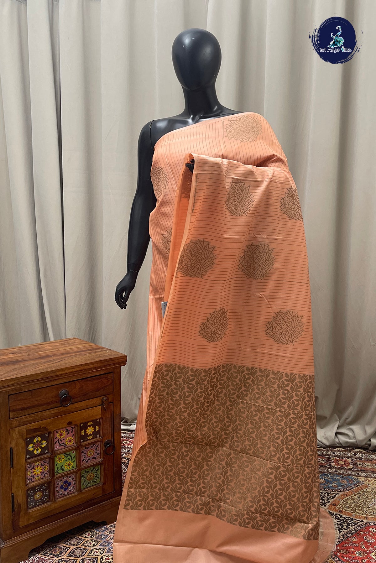 Peach Semi Silk Saree With Stripes Pattern
