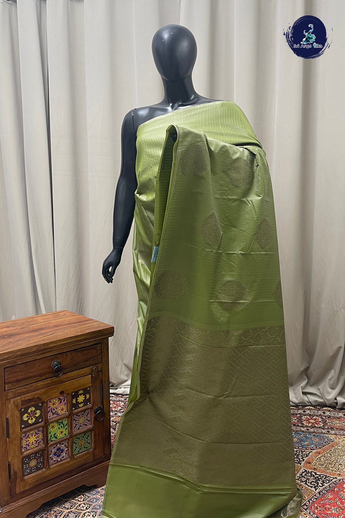 Pista Green Semi Silk Saree With Stripes Pattern