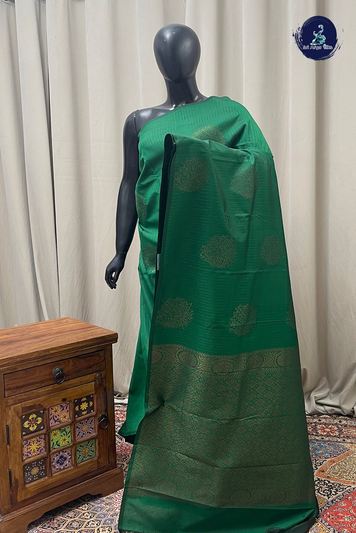 Dark Green Semi Silk Saree With Stripes Pattern