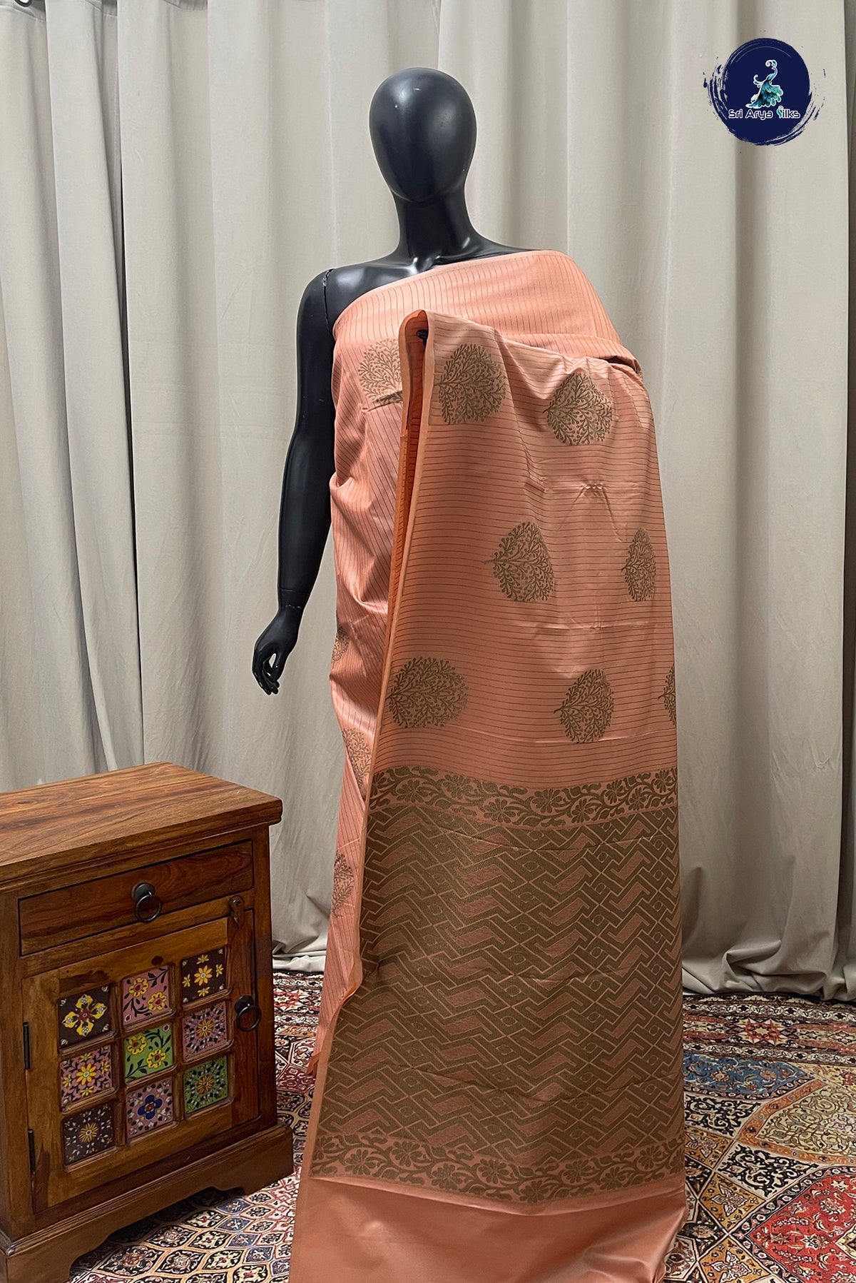 Peach Semi Silk Saree With Stripes Pattern