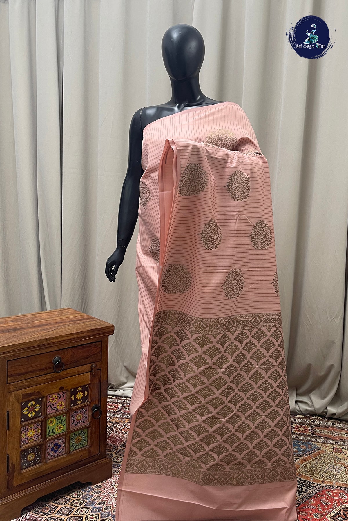 Light Pink Semi Silk Saree With Stripes Pattern