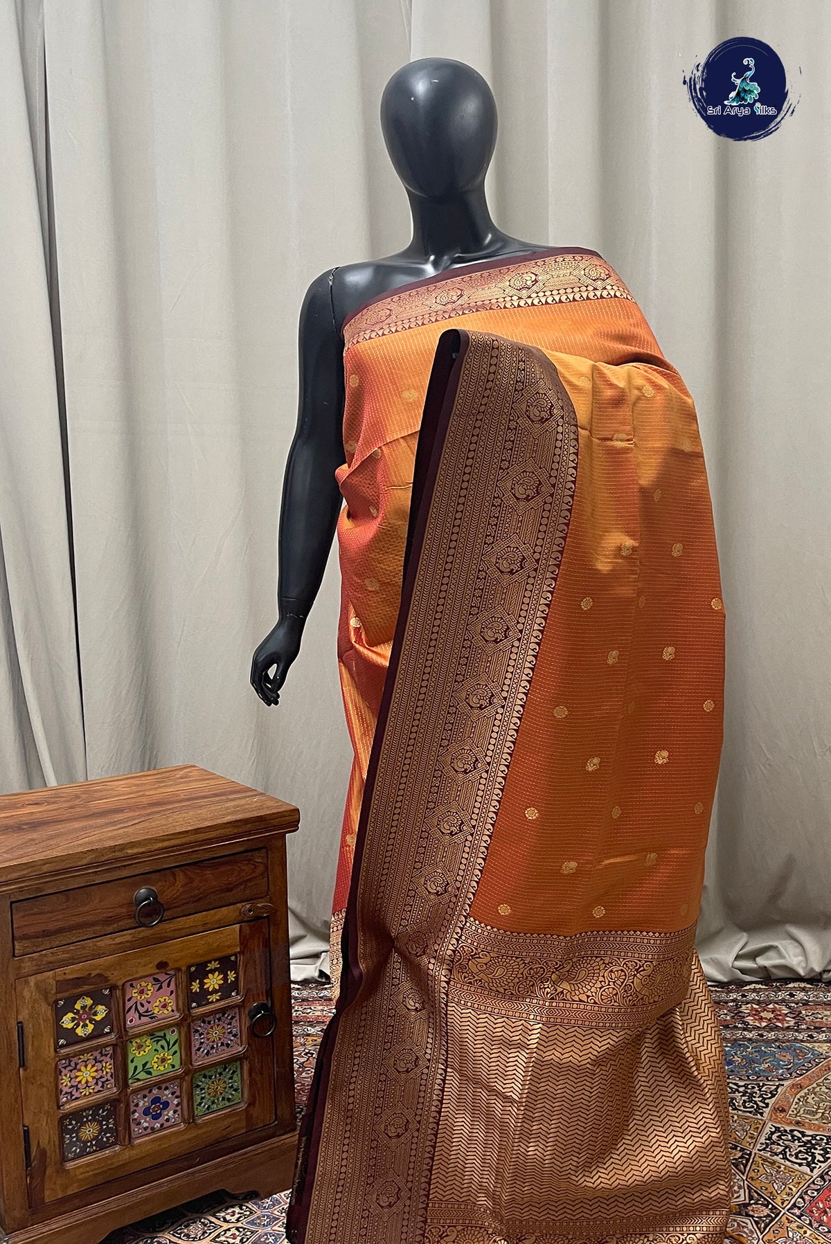 Lite Mustard Orange Semi Silk Saree With Stripes Pattern