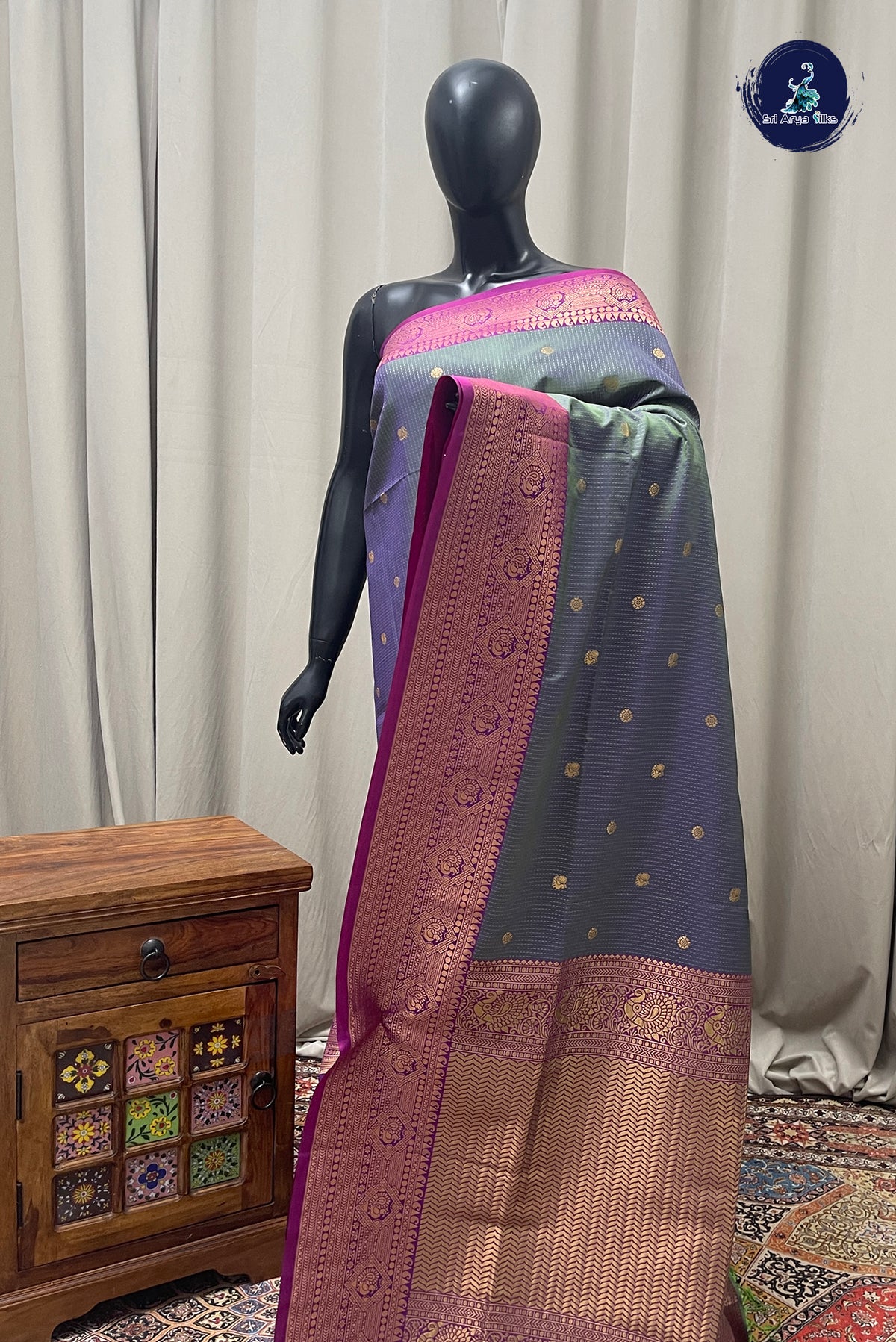 Bluish Green Semi Silk Saree With Stripes Pattern