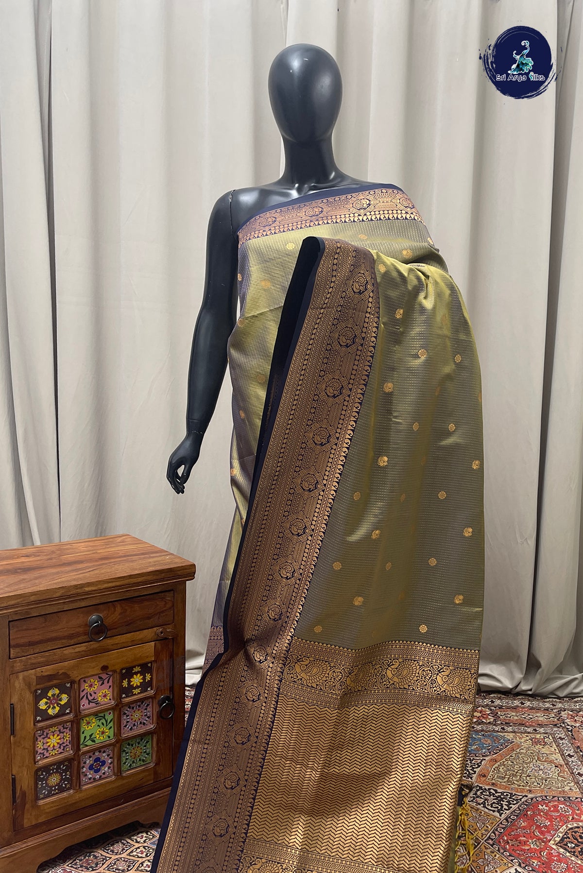 Dual Tone Green Semi Silk Saree With Stripes Pattern