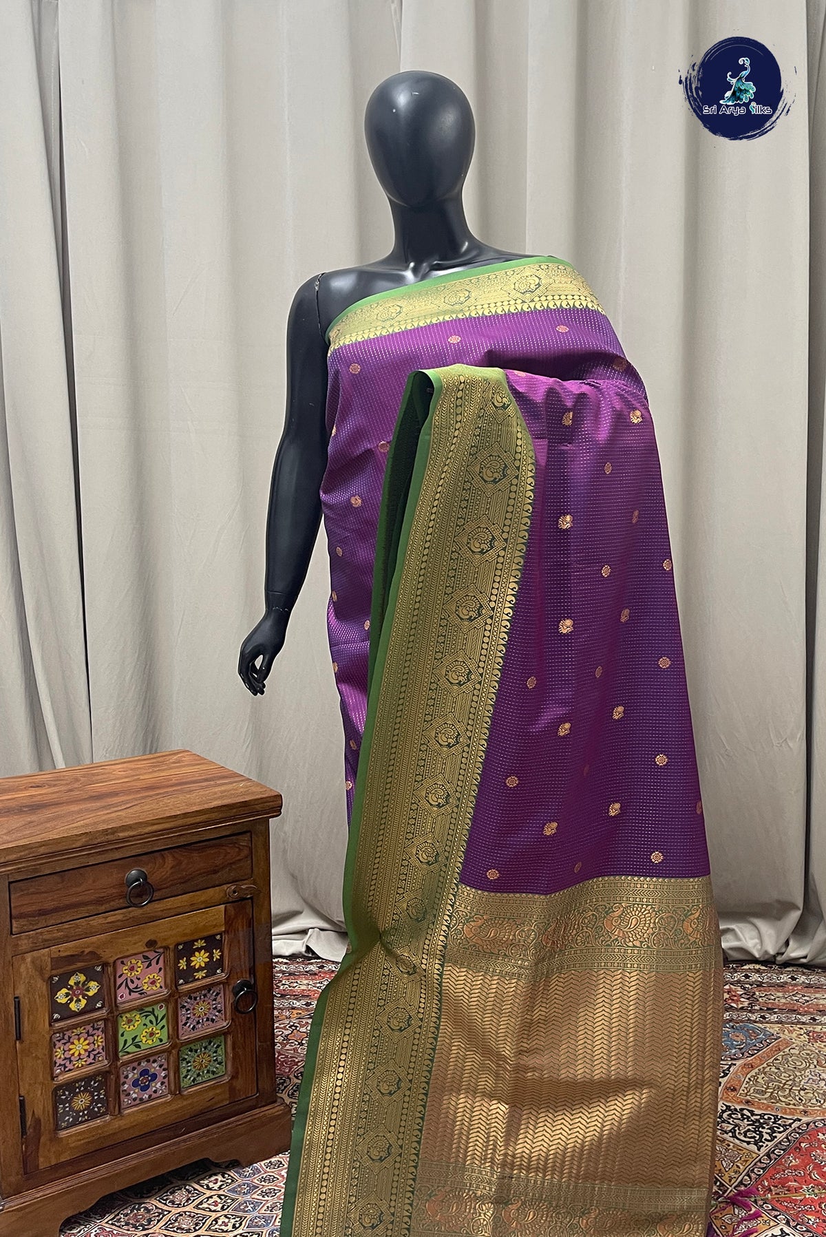 Purple Semi Silk Saree With Stripes Pattern