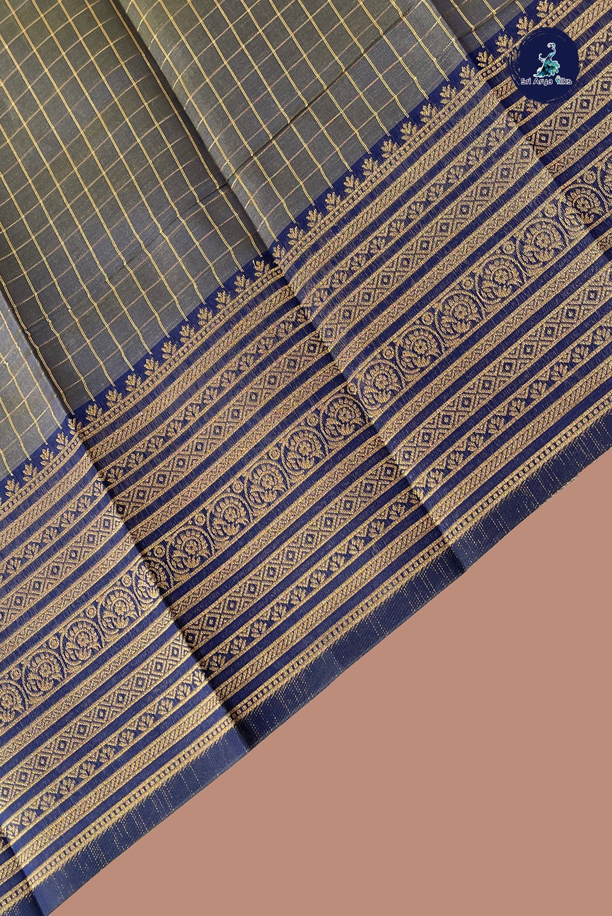 Greenish Grey Semi Silk Saree With Zari Checked Pattern
