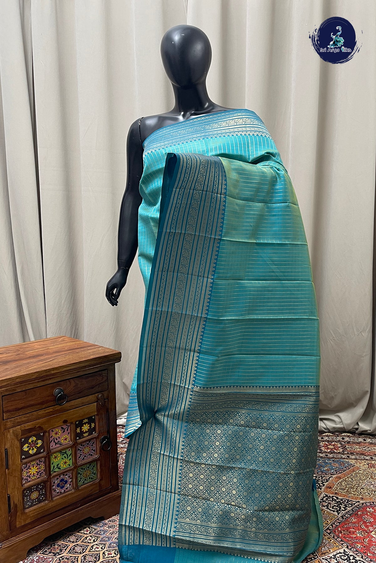 Dual Tone Blue Semi Silk Saree With Zari Checked Pattern