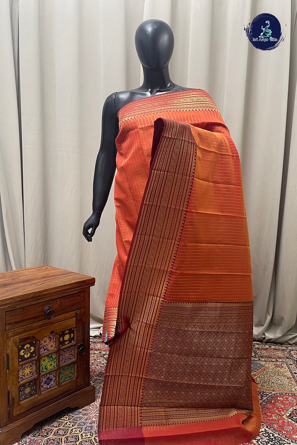 Orange Semi Silk Saree With Zari Checked Pattern