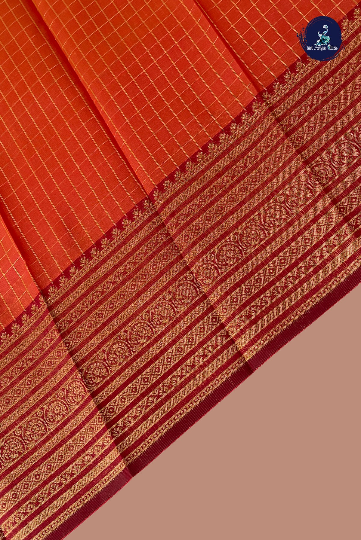 Orange Semi Silk Saree With Zari Checked Pattern