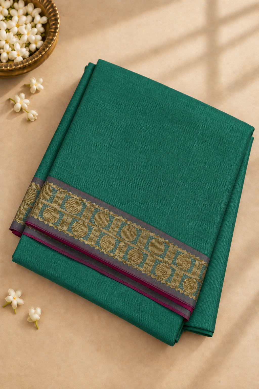 Green Madisar Half pure Silk Cotton Saree With Plain Pattern