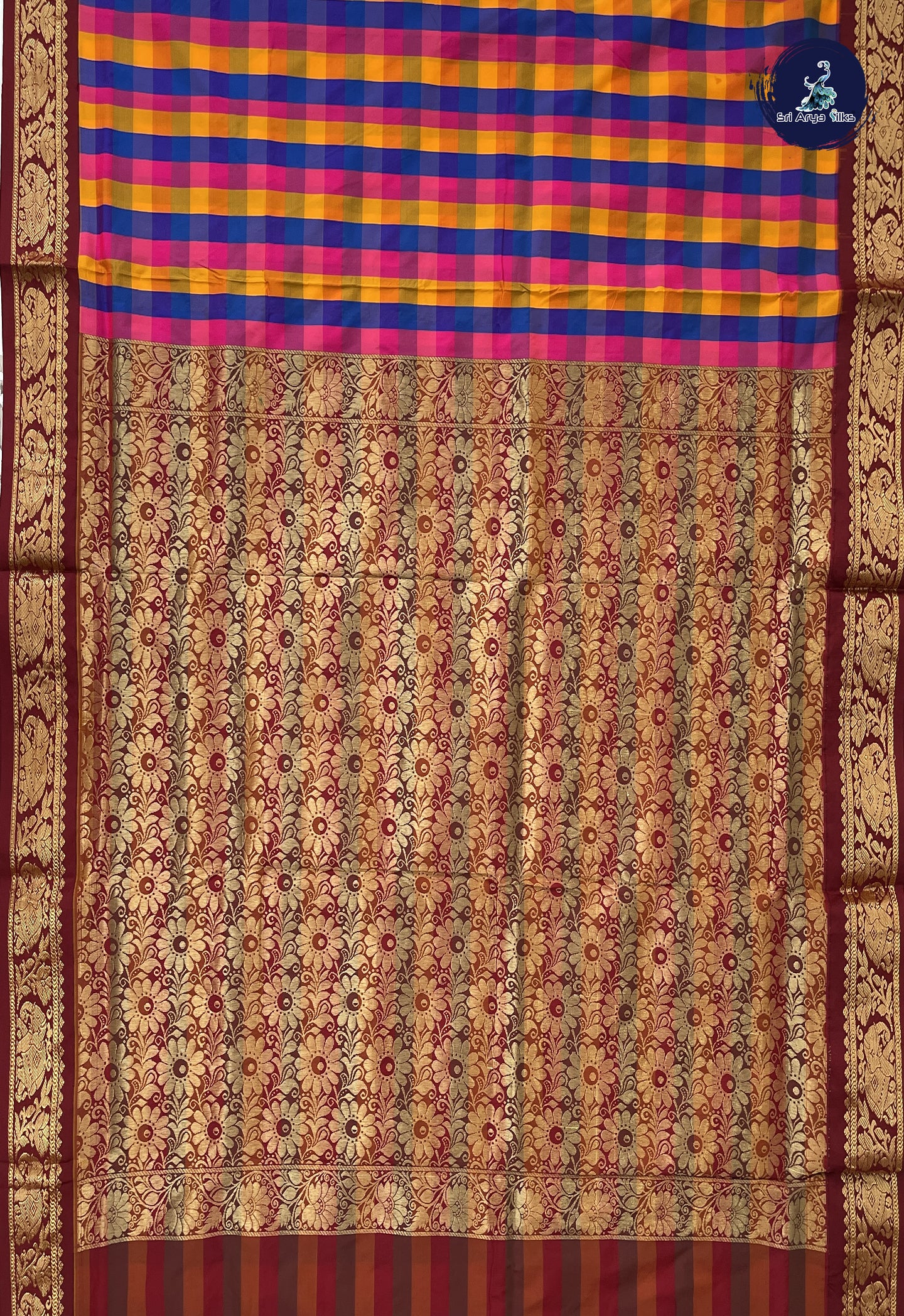 Multi Colour Madisar Semi Silk Saree With Checked Pattern