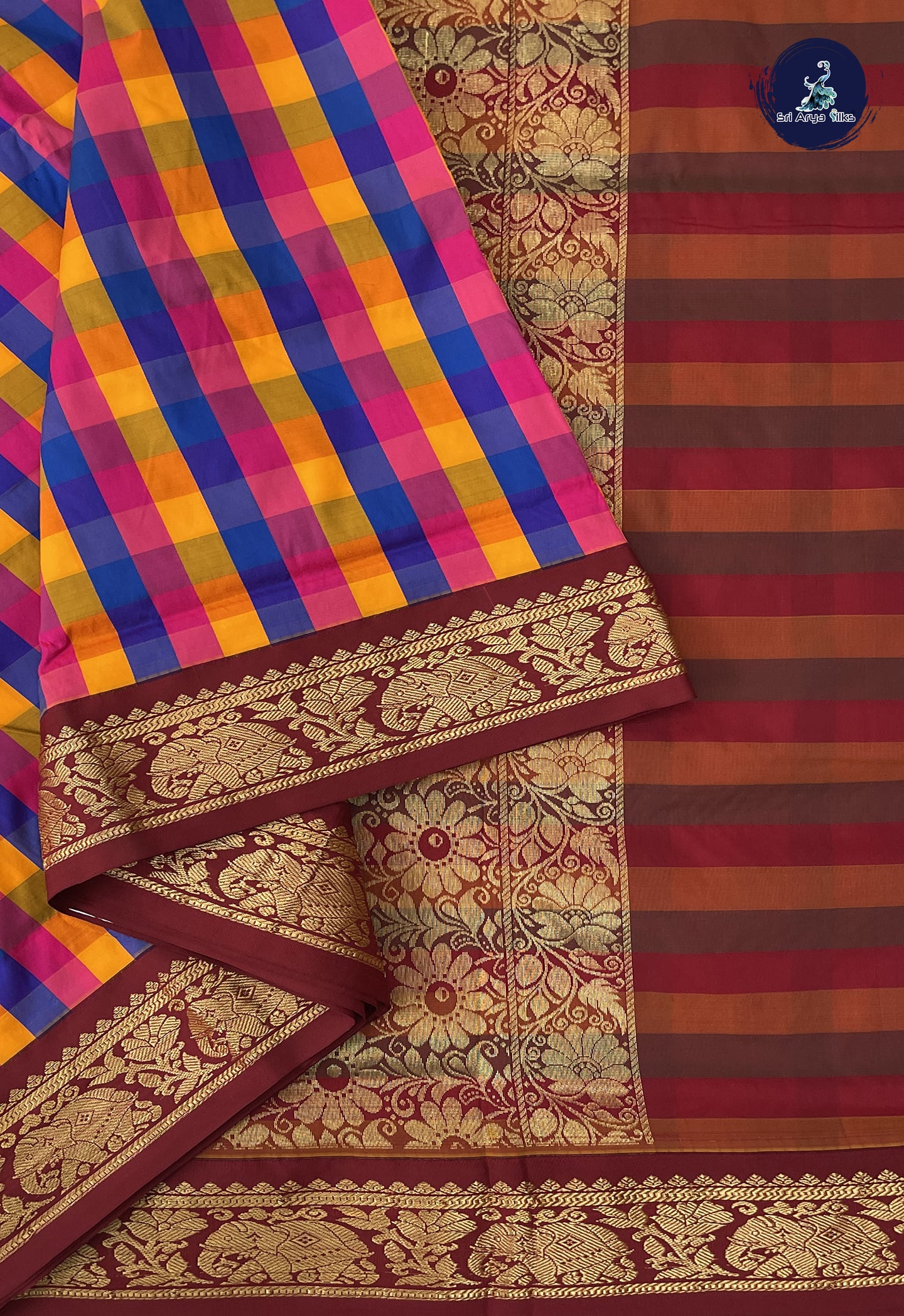 Multi Colour Madisar Semi Silk Saree With Checked Pattern
