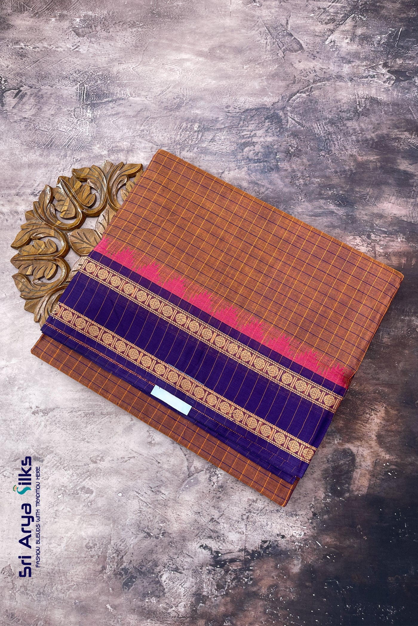 Dual Tone Brown Madisar Cotton Saree With Checked Pattern