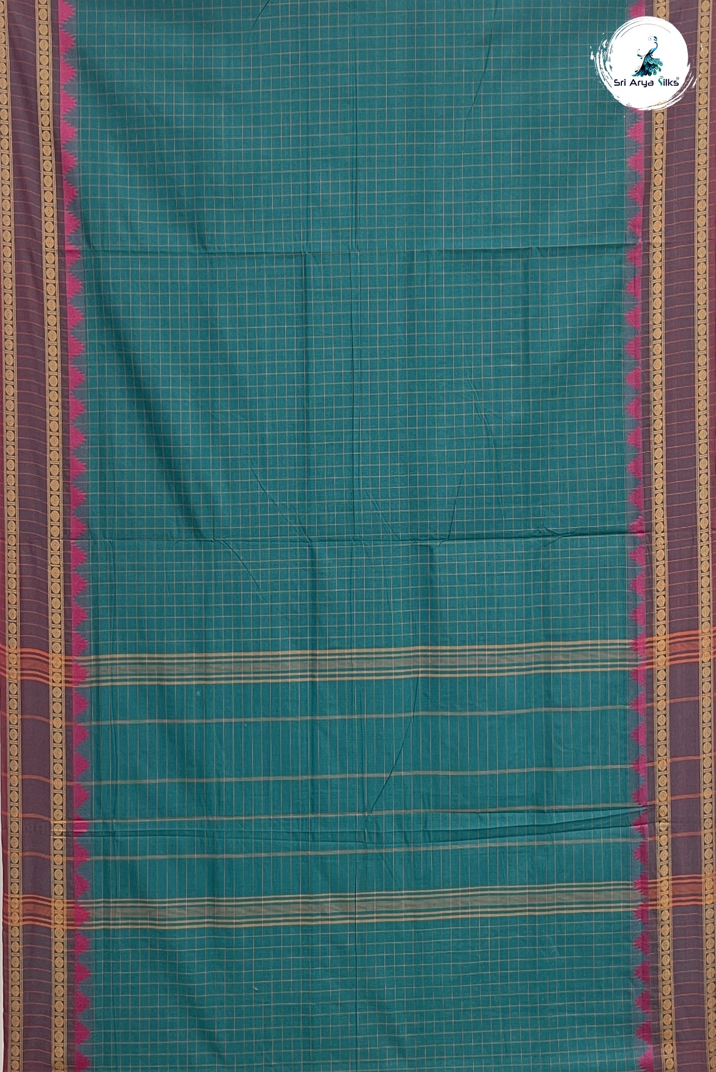 Sapphire Green Madisar Cotton Saree With Checked Pattern