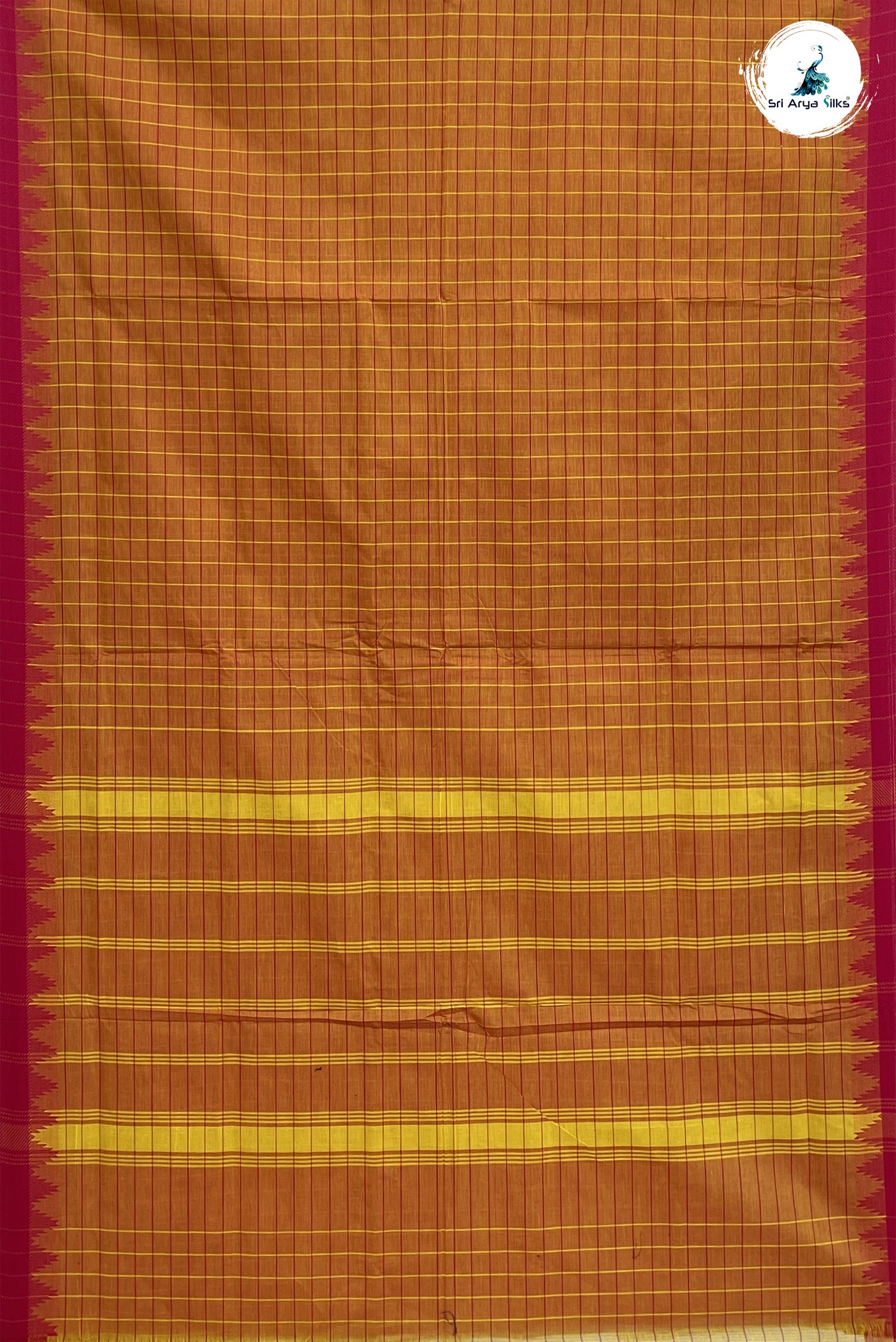 Golden Mustard Madisar Cotton Saree With Checked Pattern
