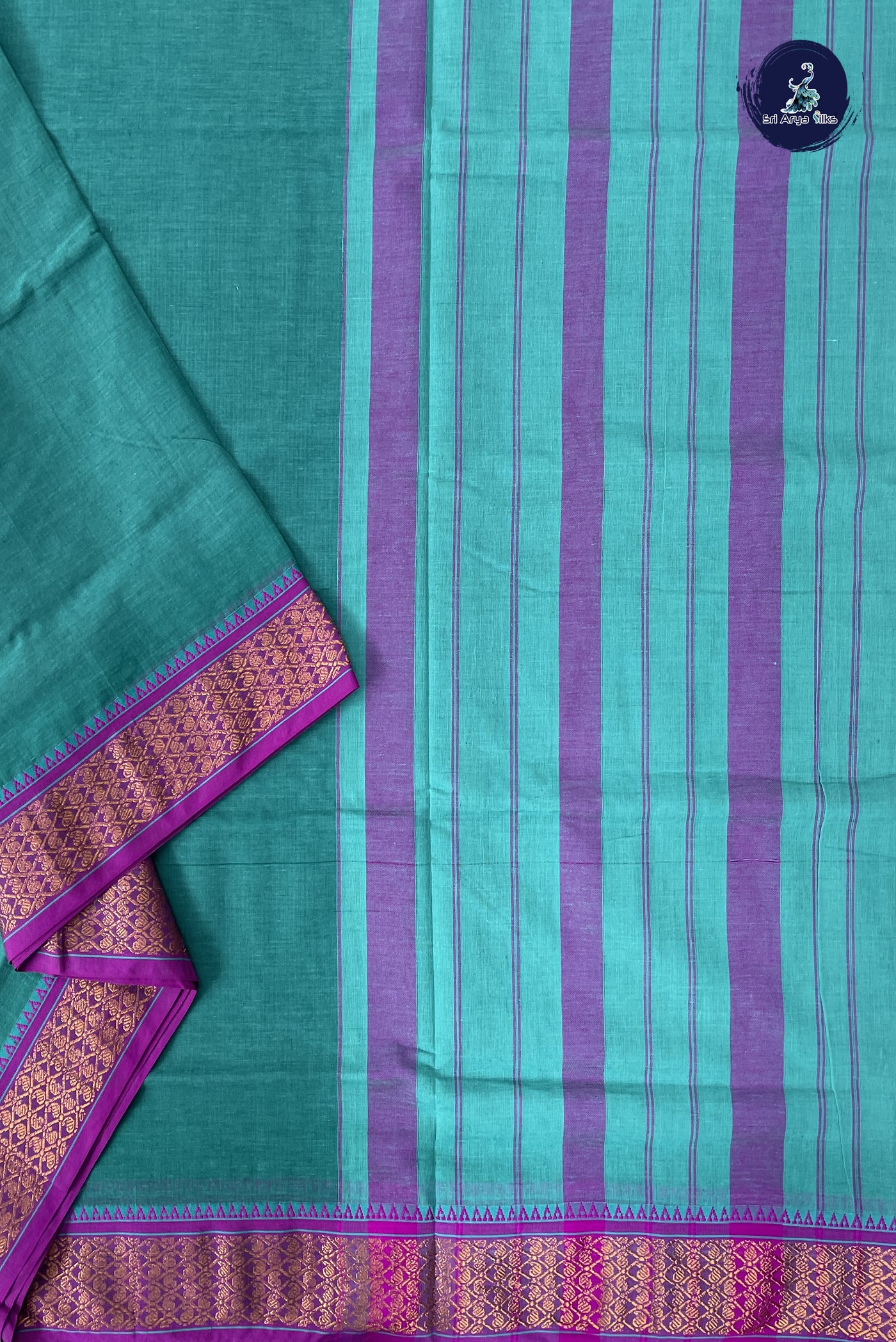 Green Madisar Cotton Saree With Plain Pattern