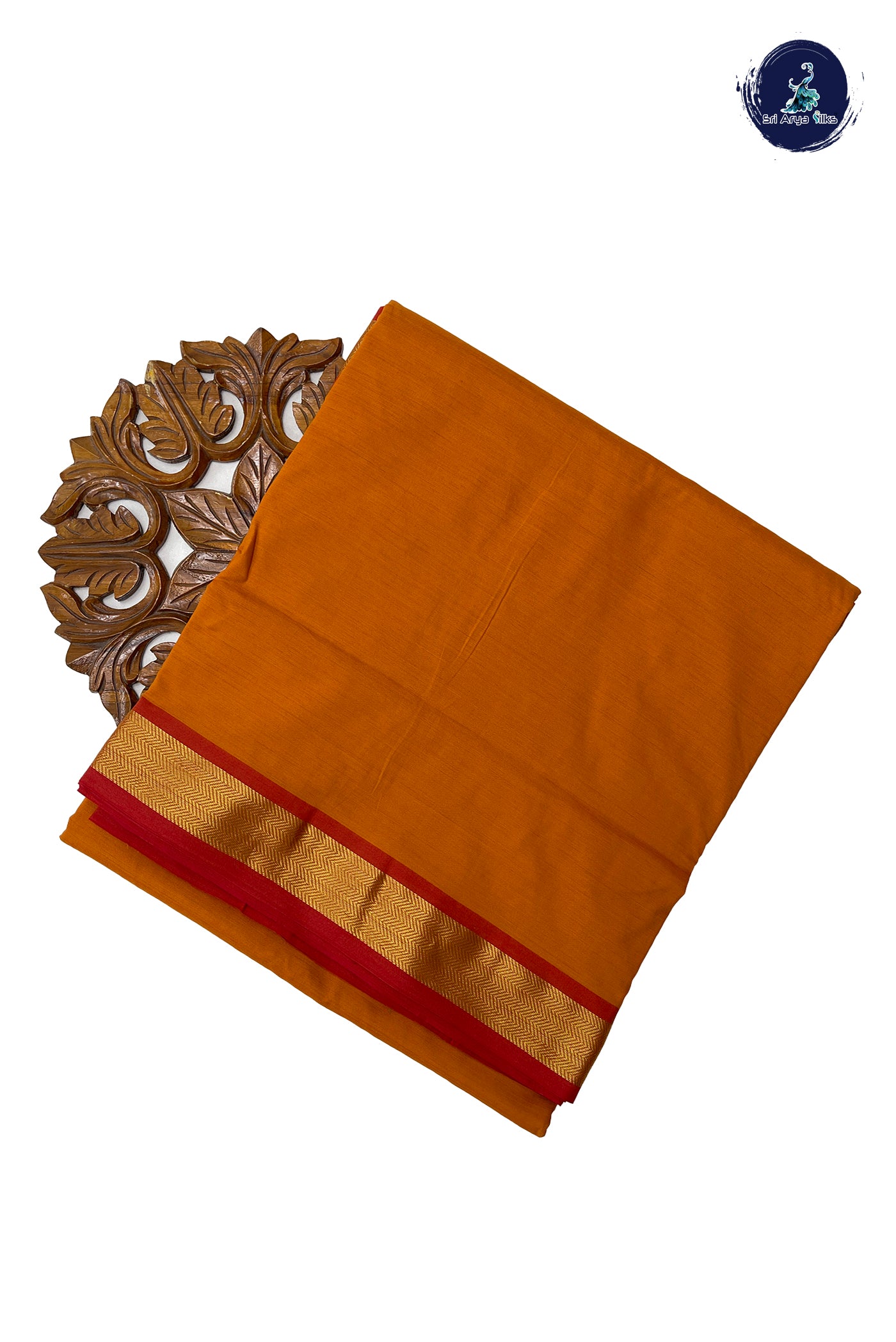 Lite Mustard Orange Madisar Semi Silk Cotton Saree With Plain Pattern