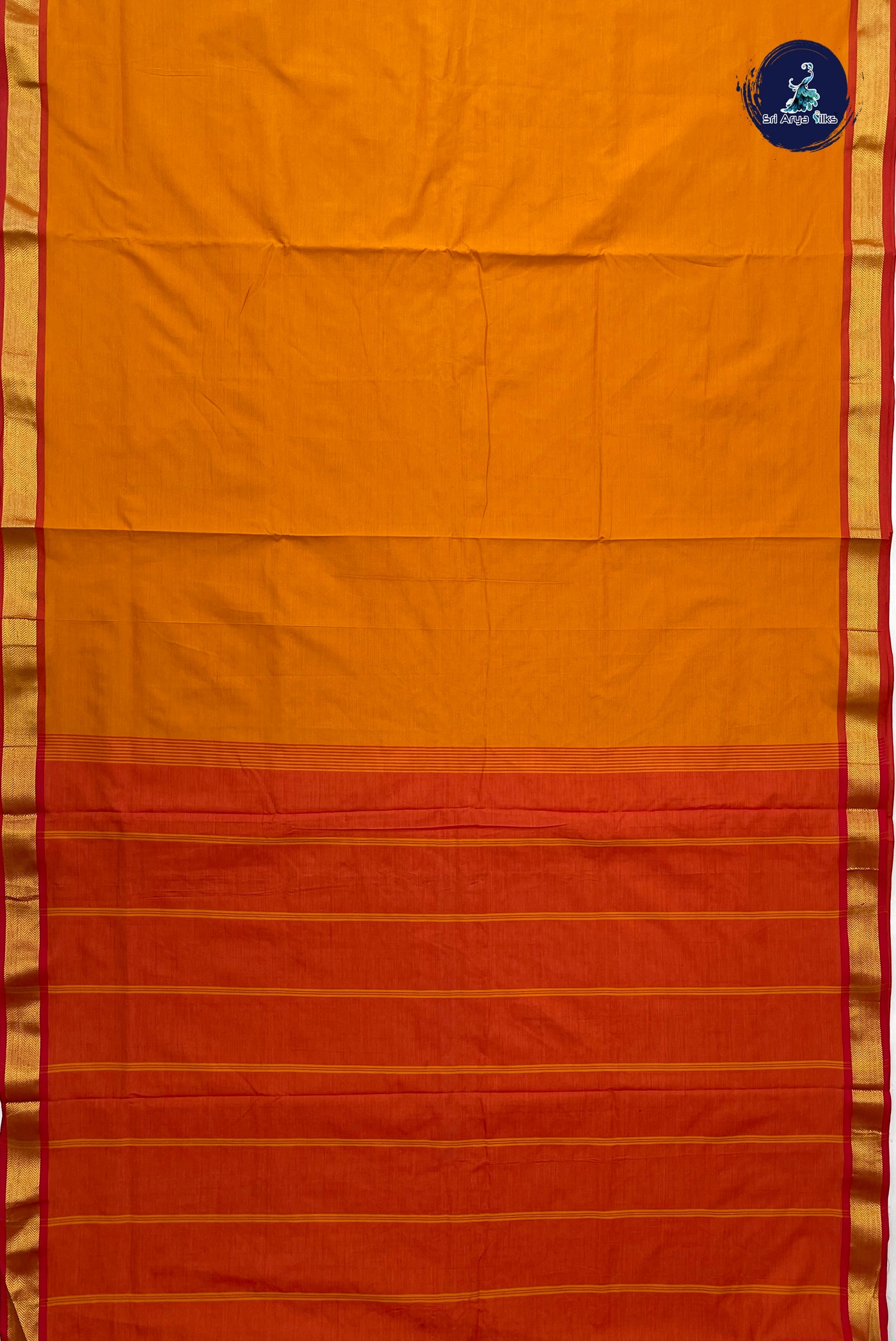 Lite Mustard Orange Madisar Semi Silk Cotton Saree With Plain Pattern