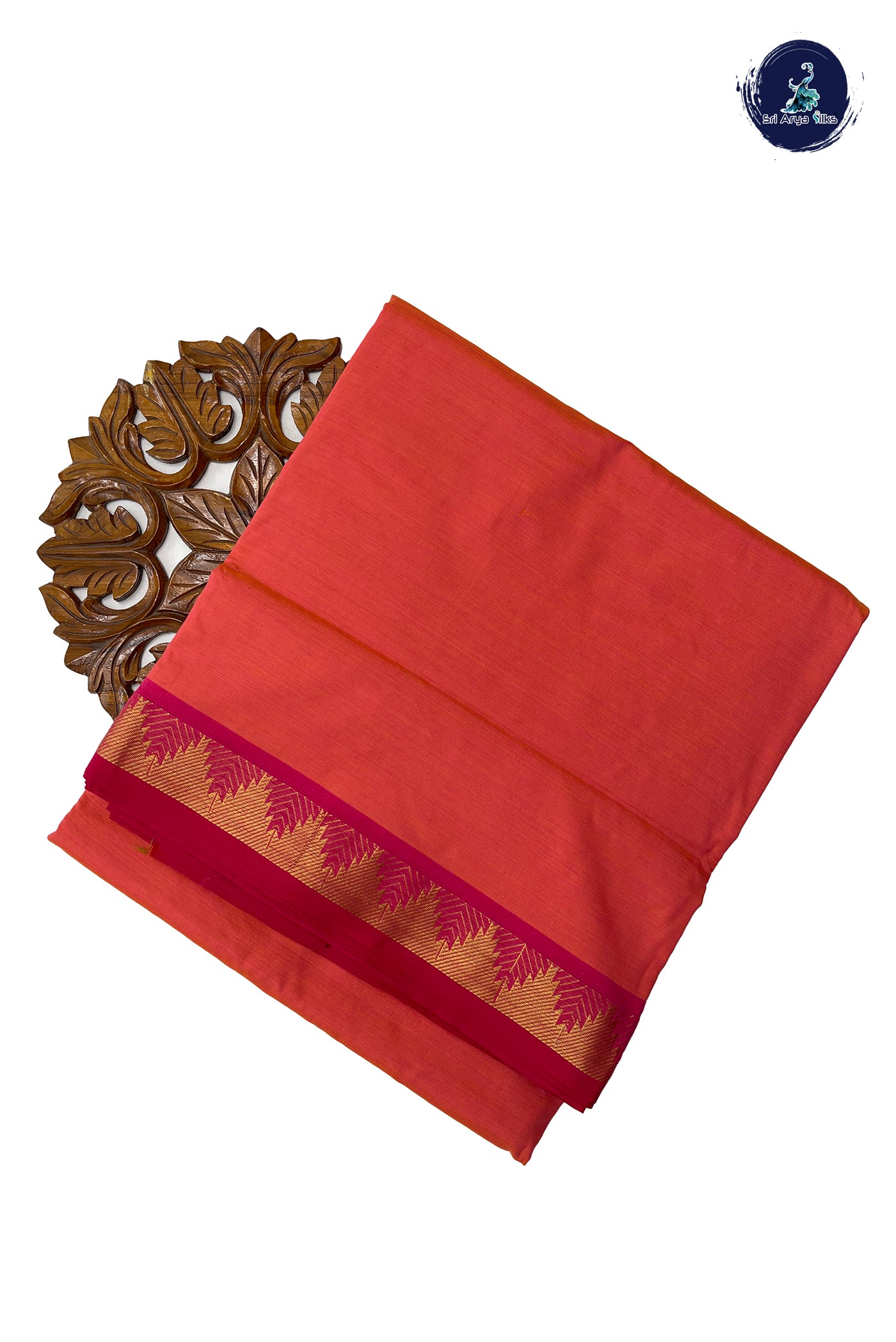 Pinkish Orange Madisar Semi Silk Cotton Saree With Plain Pattern