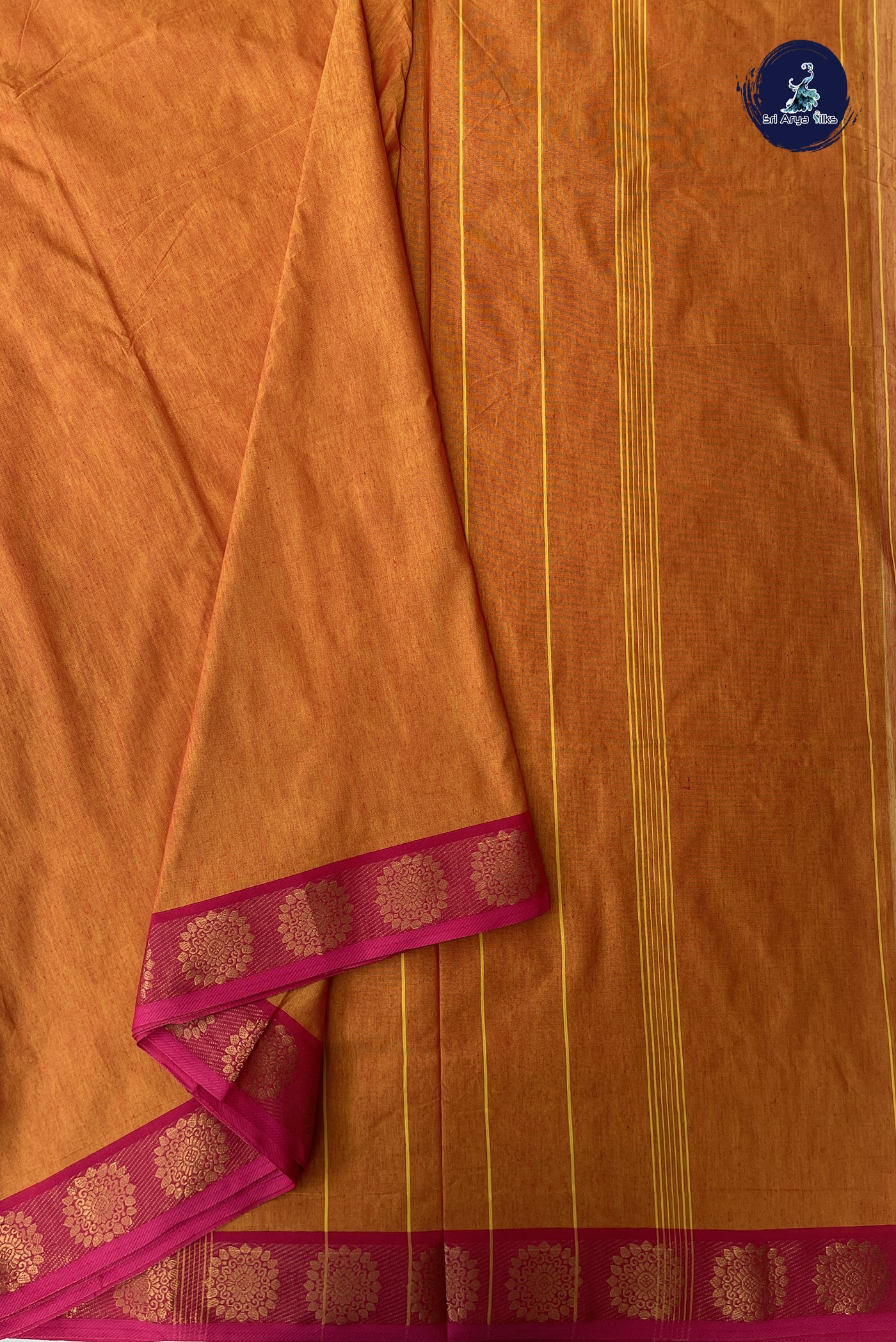 Yellowish Orange Madisar Cotton Saree With Plain Pattern