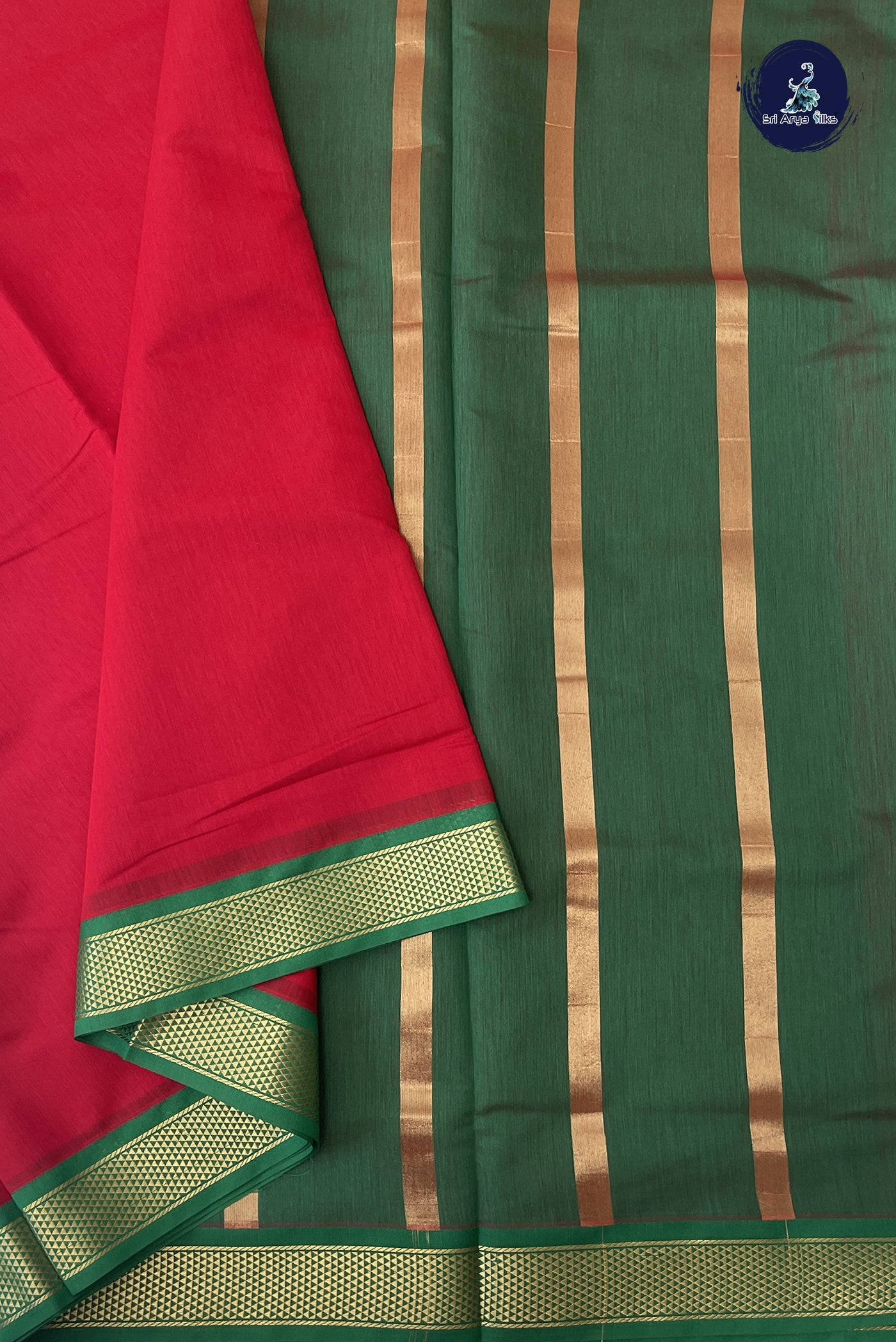 Red Madisar Semi Silk Cotton Saree With Plain Pattern