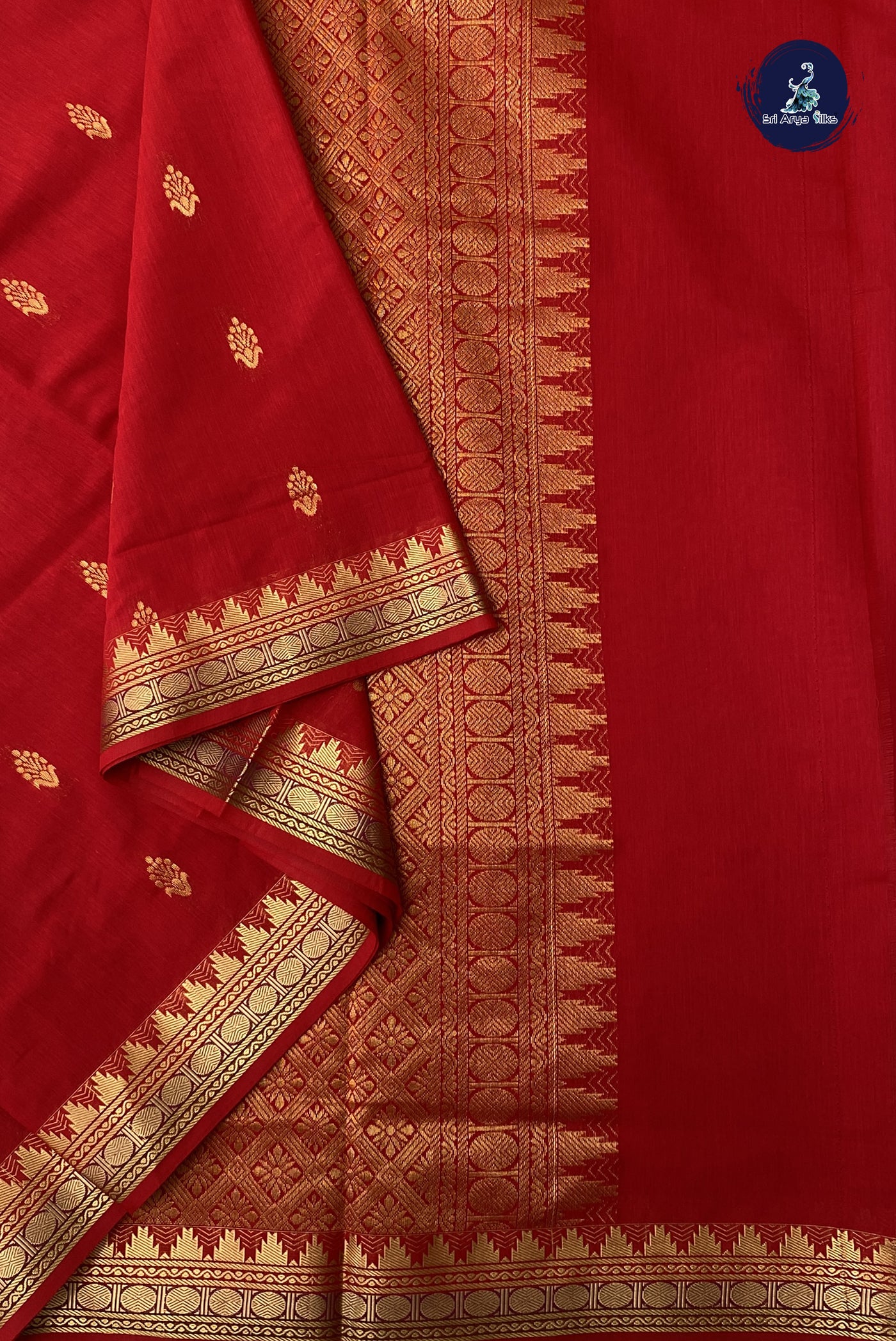 Bright Red Madisar Semi Silk Cotton Saree With Zari Buttas Pattern
