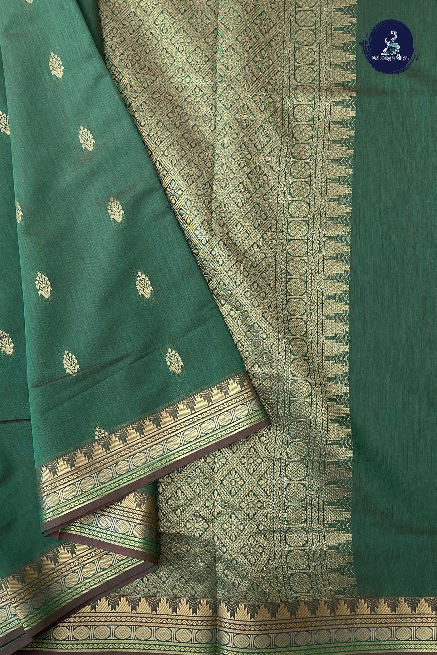 Dual Tone Green Madisar Semi Silk Cotton Saree With Zari Buttas Pattern