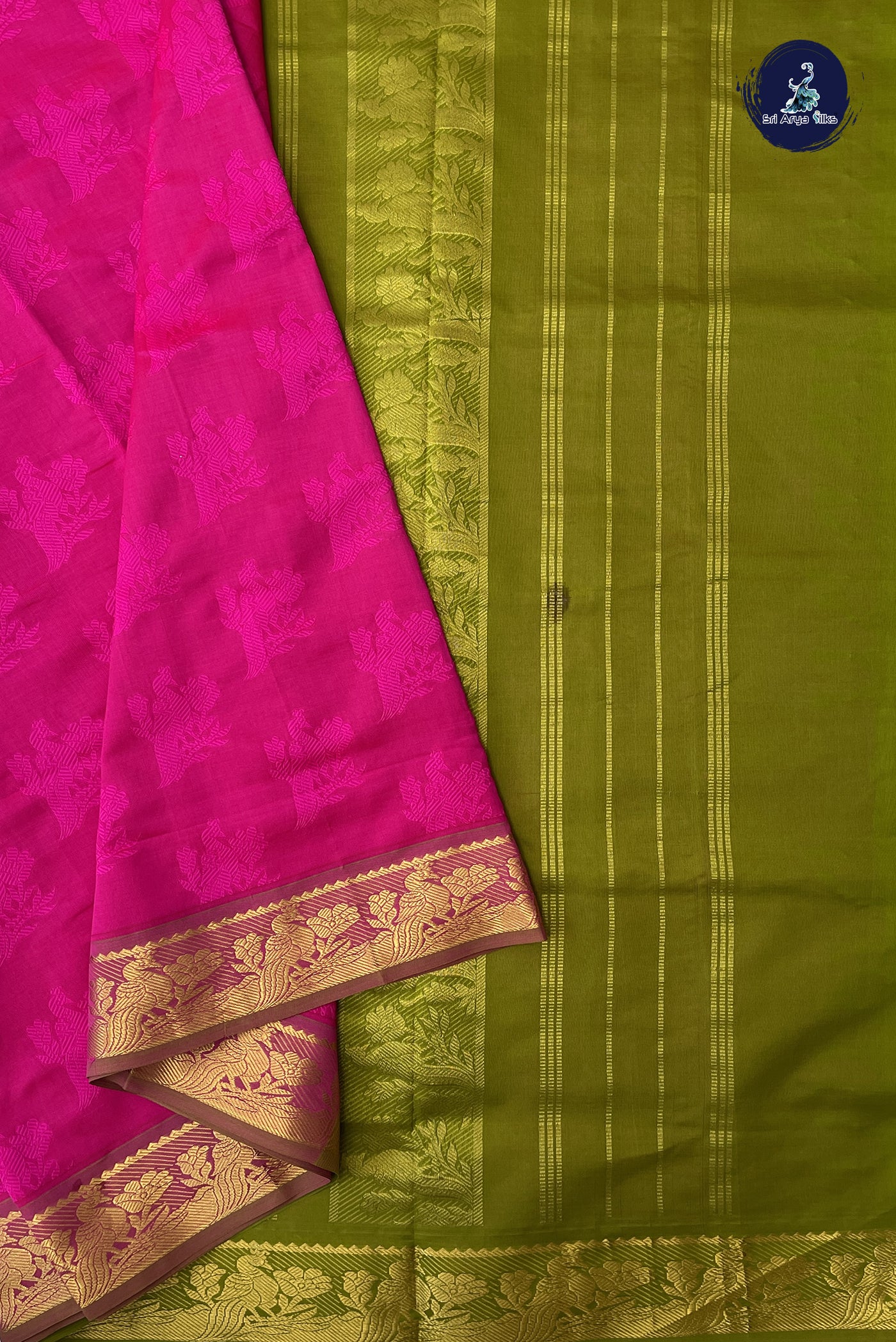 Rani Pink Madisar Semi Silk Cotton Saree With Embossed Pattern