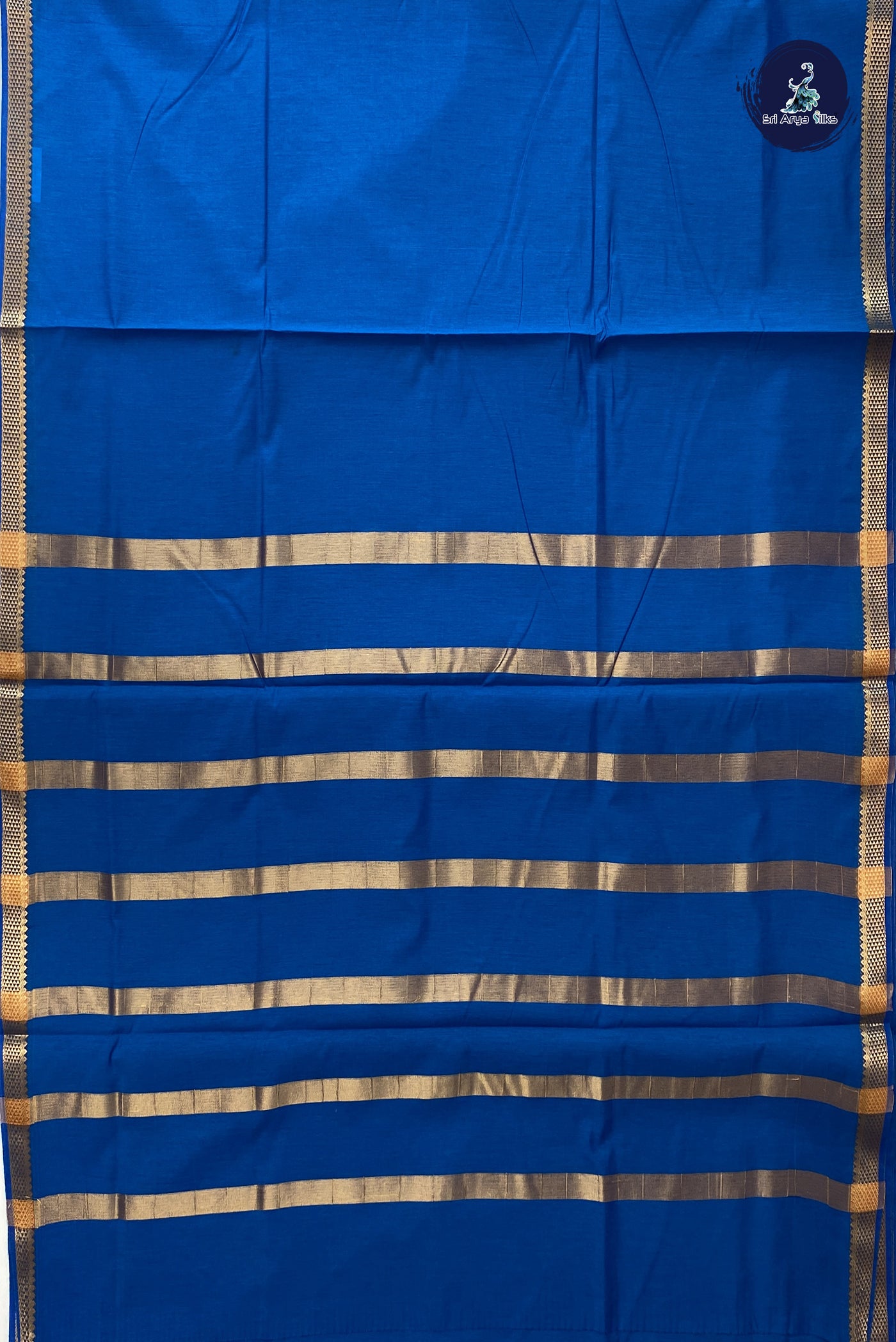 Copper Sulphate Blue Madisar Semi Silk Cotton Saree With Plain Pattern