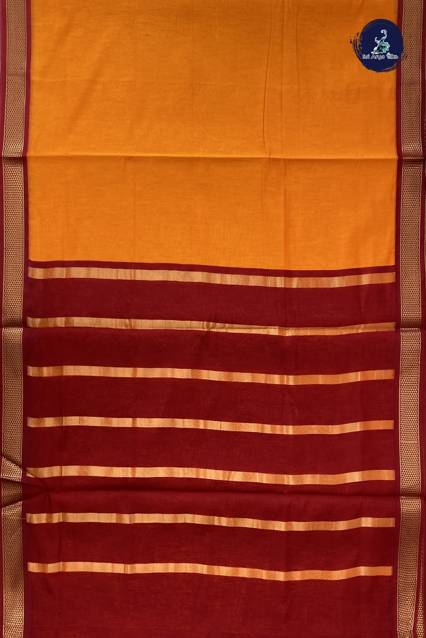 Yellowish Orange Madisar Semi Silk Cotton Saree With Plain Pattern