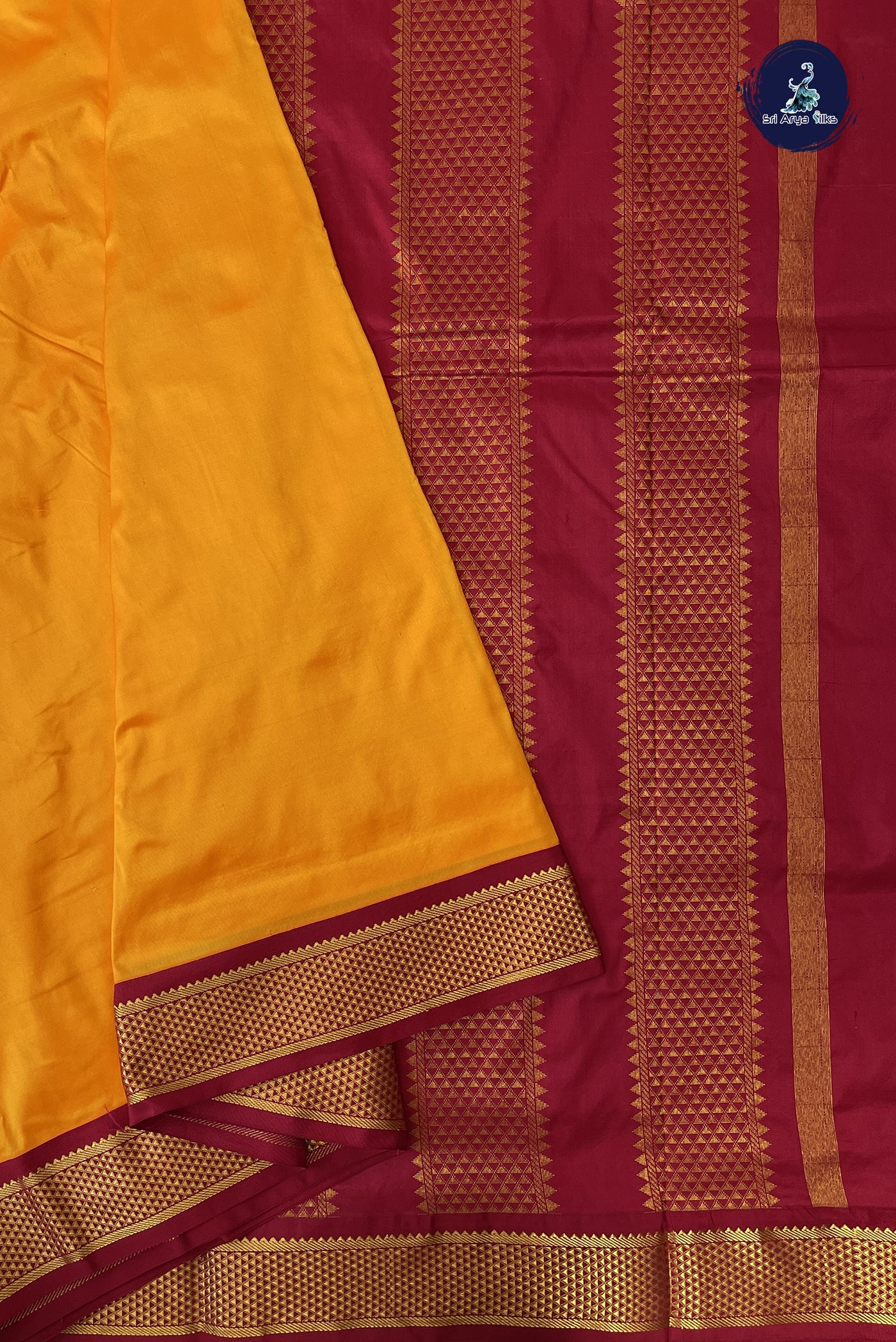Mango Yellow Madisar 10 Yards Silk Saree With Plain Pattern